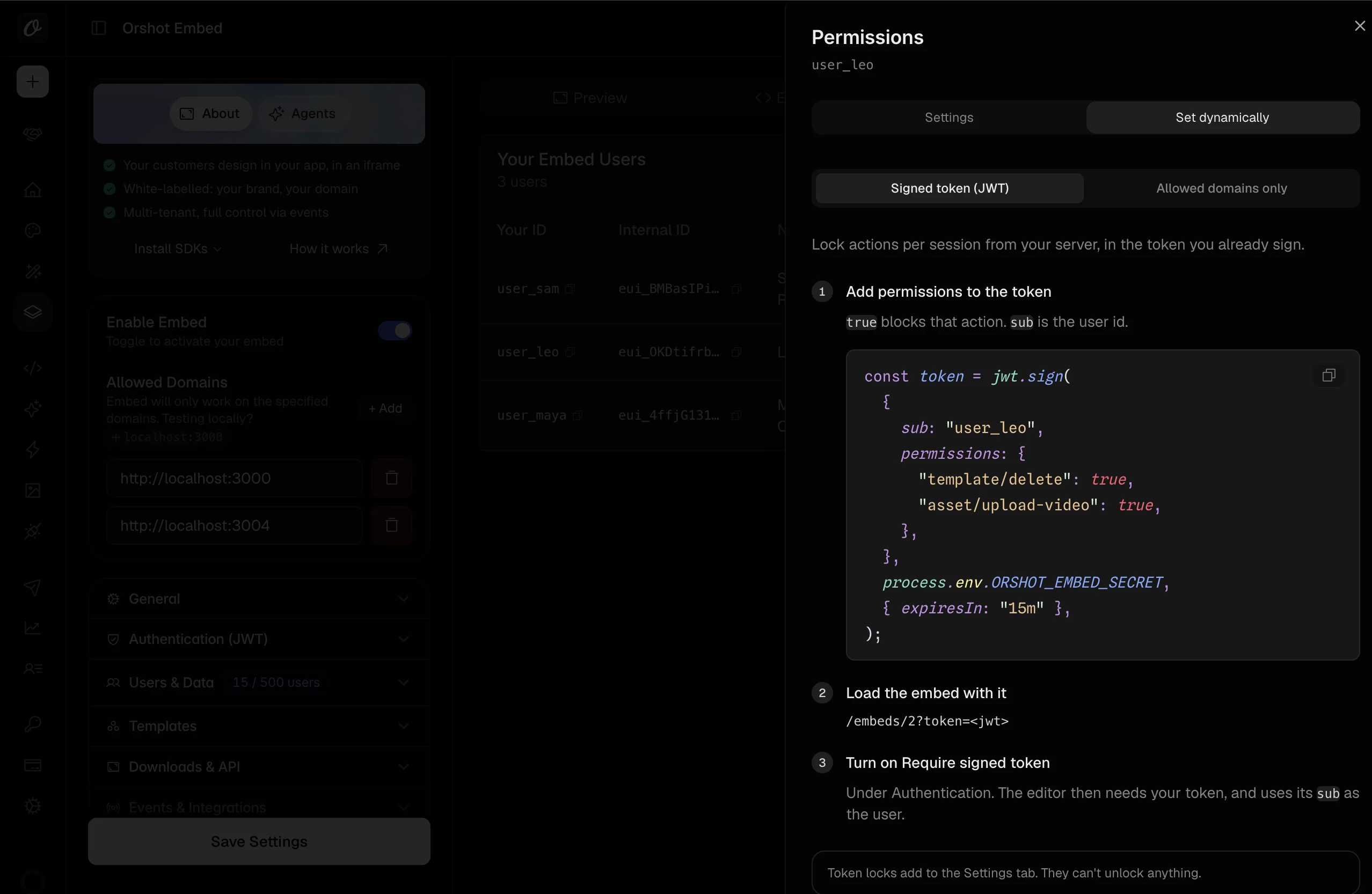 The Set dynamically tab, showing a JWT example with sub and permissions for one embed user