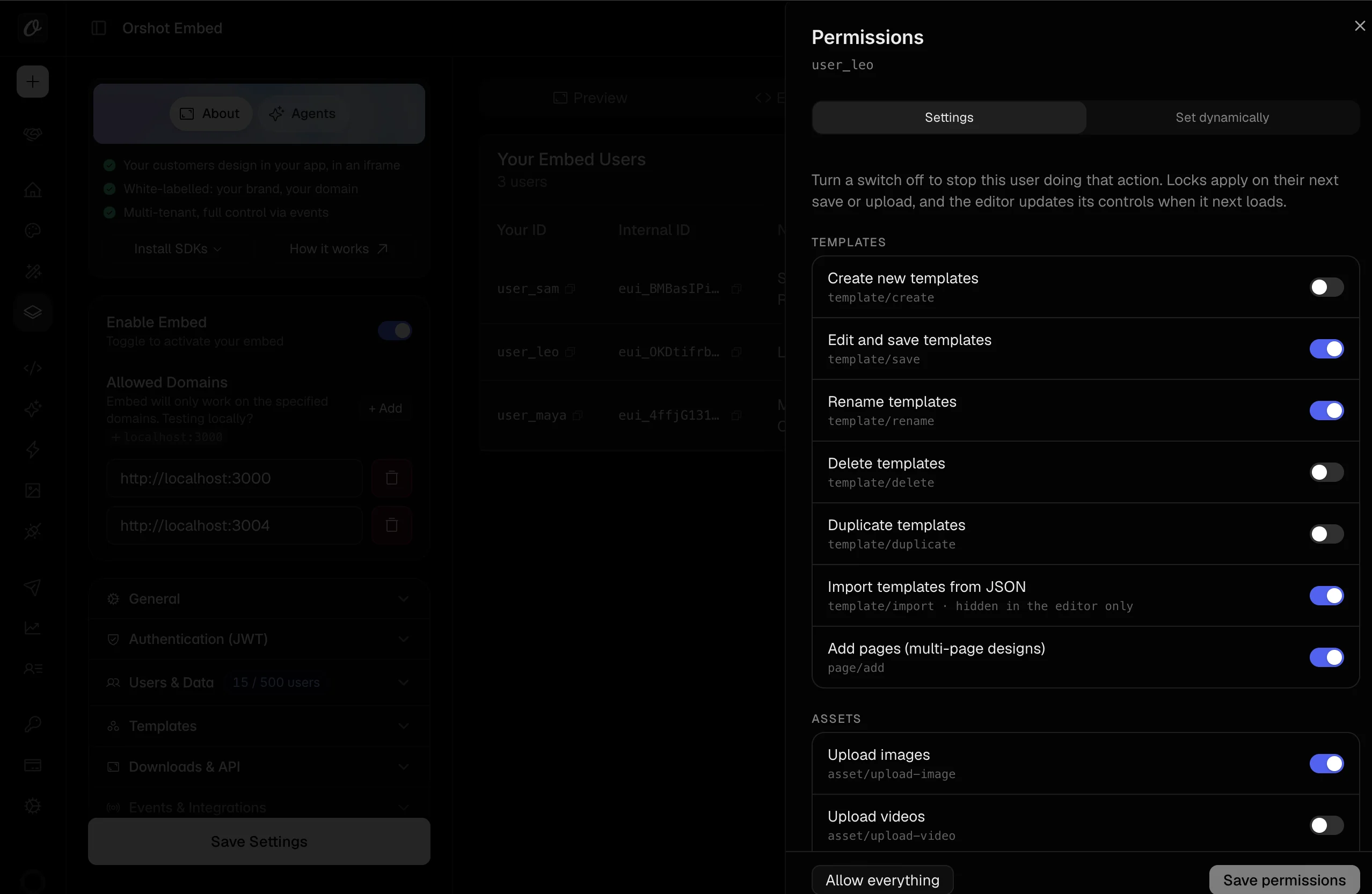 The Permissions panel for one embed user, with a switch for each action