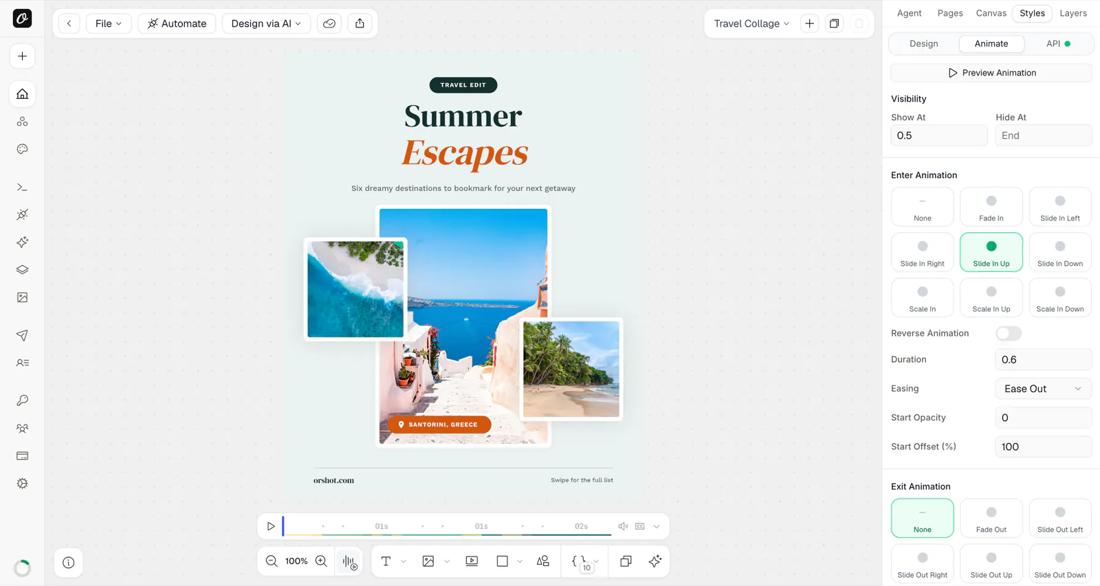 The Animate tab for a selected layer — visibility timing (Show At / Hide At), an enter-animation grid, duration, easing, and exit animation