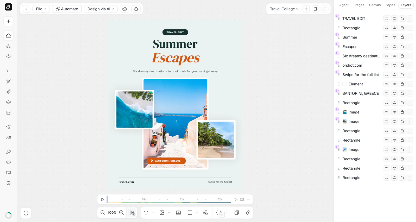 The Orshot Studio editor — tools rail on the left, your design on the canvas, the animation/zoom timeline along the bottom, and the Pages/Styles/Layers panel on the right