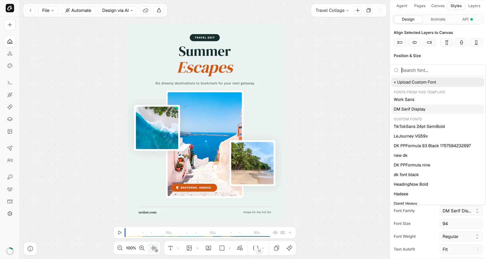 The font picker in Orshot Studio — the + Upload Custom Font button, plus your Custom Fonts and the fonts used in the current template