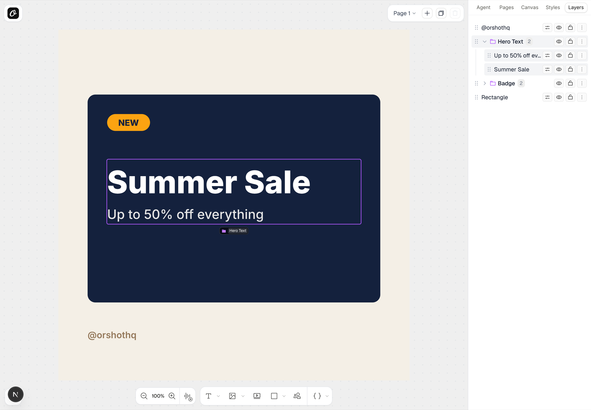 A selected layer group in Orshot Studio — purple ring and name pill around the grouped layers on canvas, with groups shown as expandable folders in the Layers panel