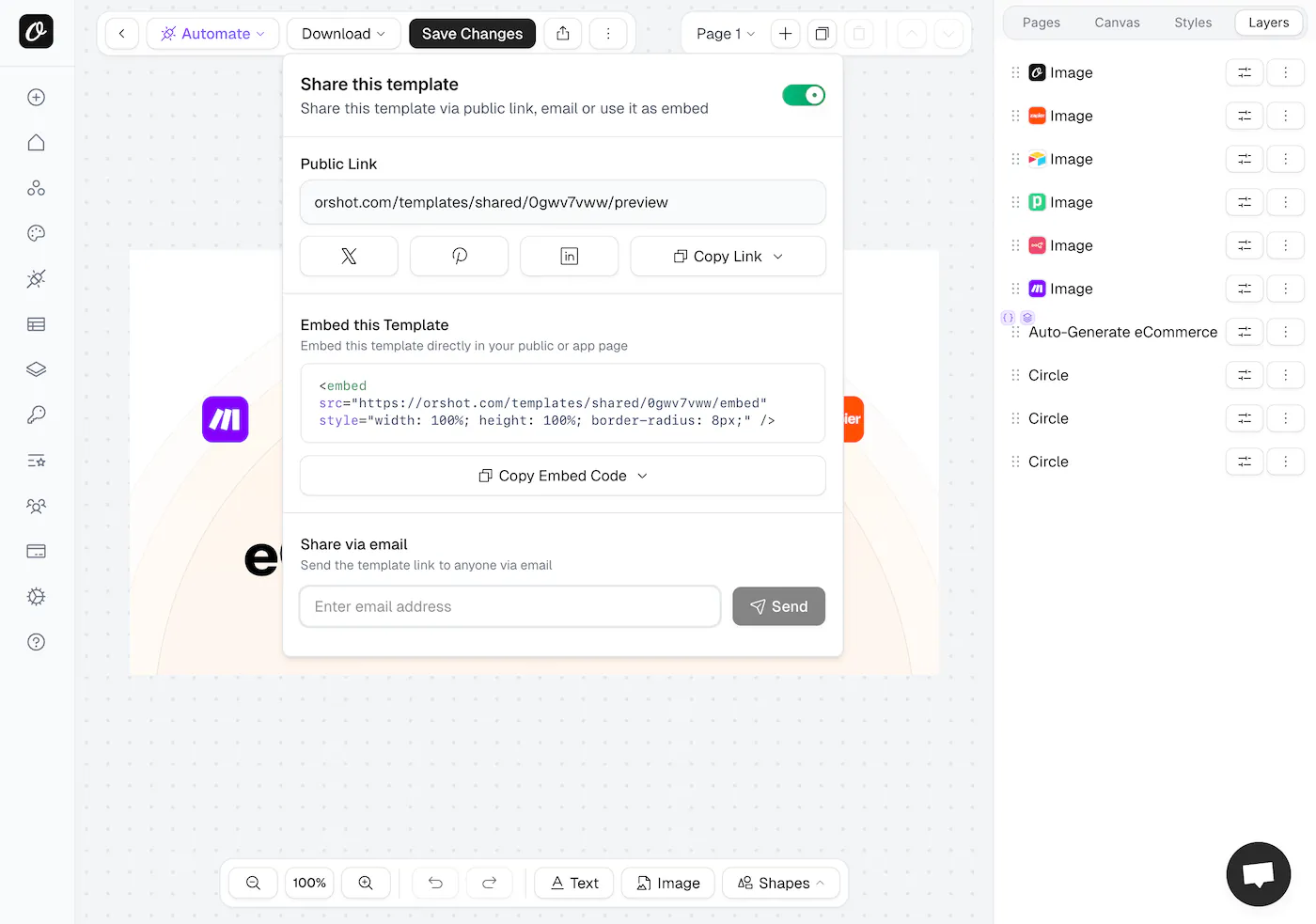 Template sharing options in Orshot Studio