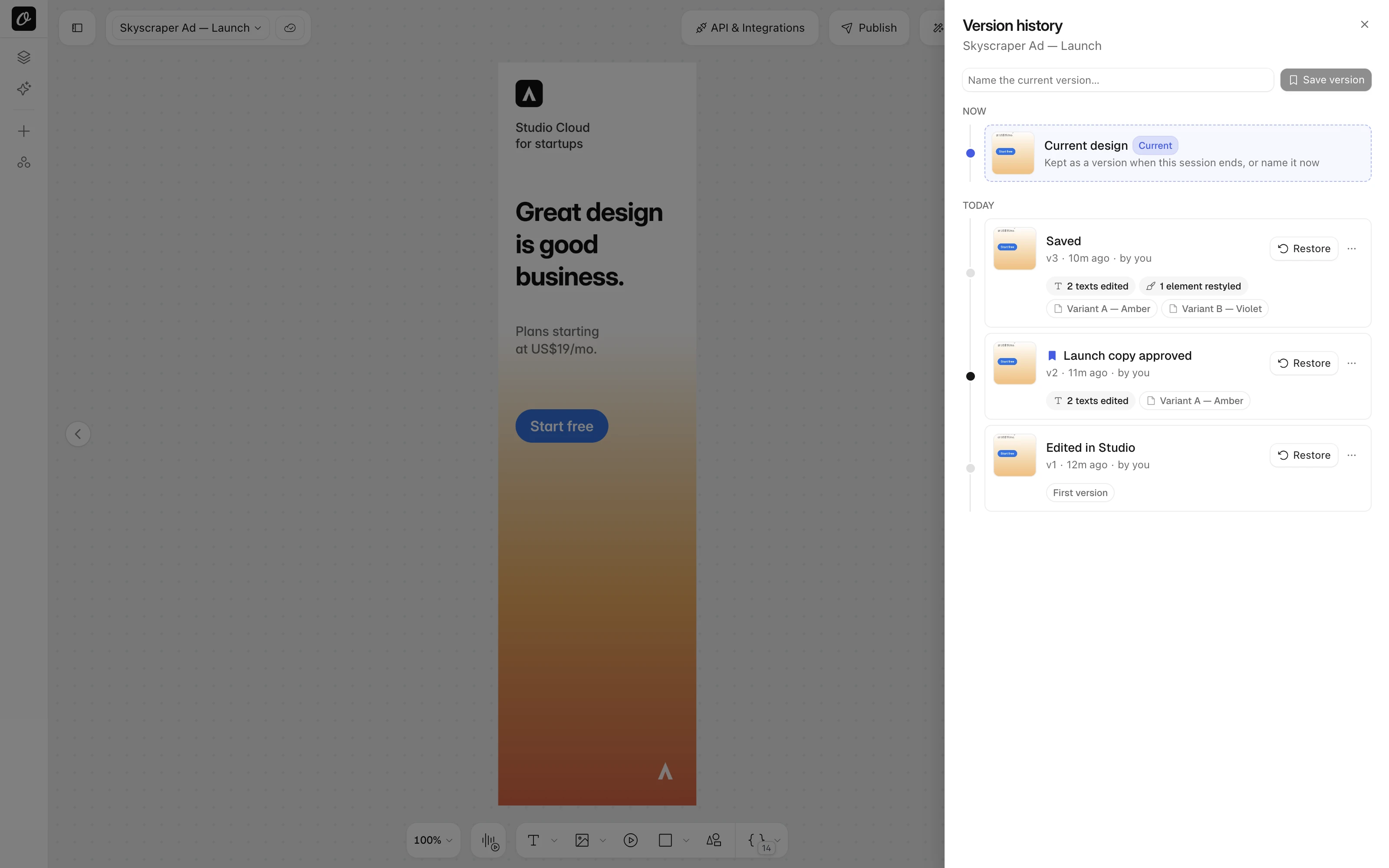 Version history in Orshot Studio: one row per state, with what changed and the pages it touched