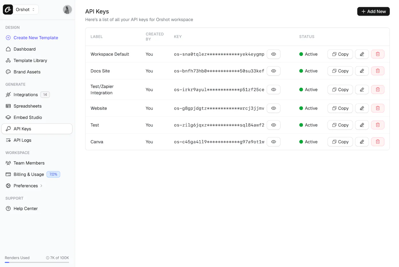 The API Keys page in the Orshot dashboard