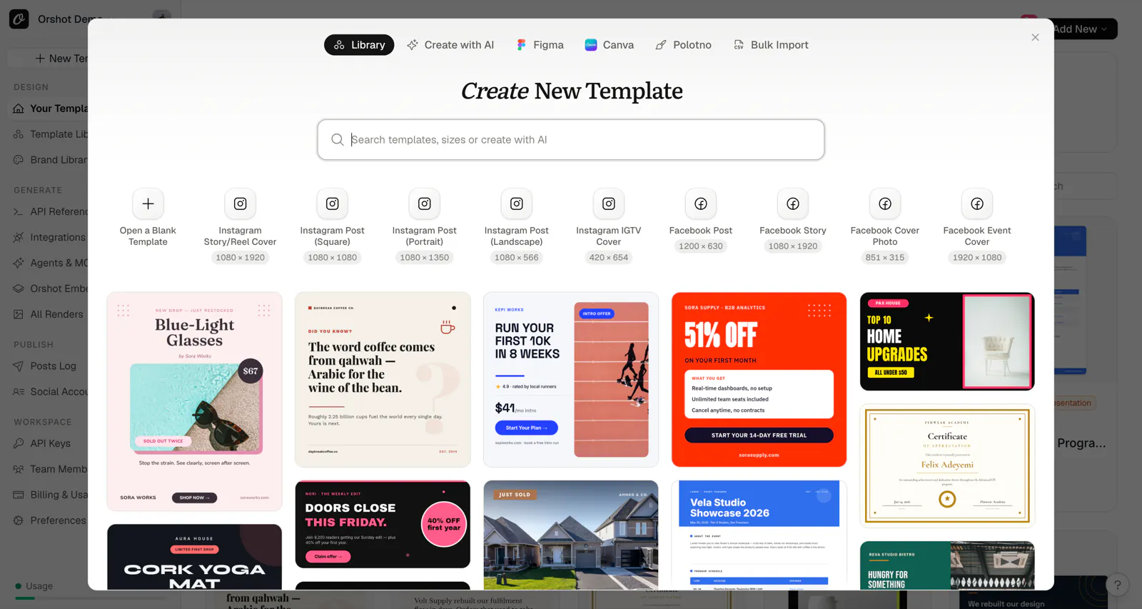 The Create New Template dialog in Orshot Studio — start blank, generate with AI, or import from Figma, Canva, or Polotno