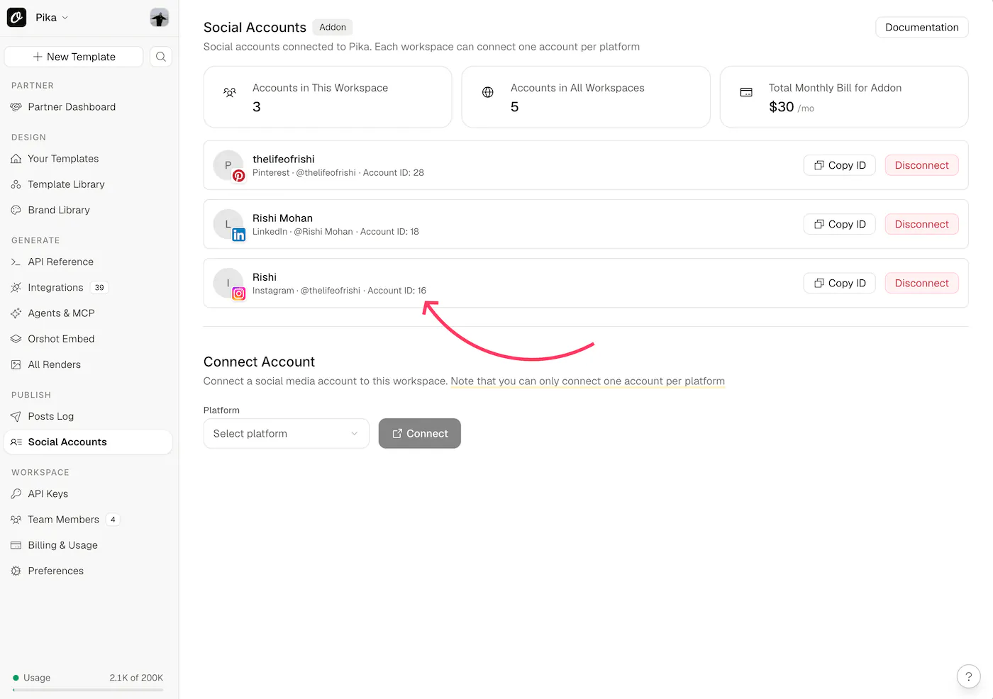 Finding social account IDs on the Social Accounts page
