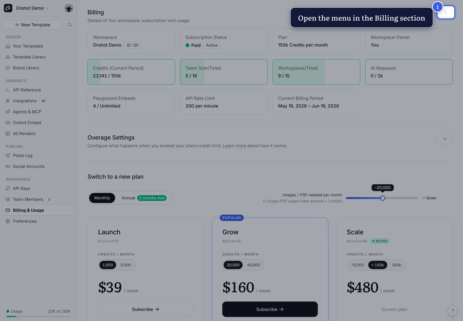 The menu icon on the Billing page