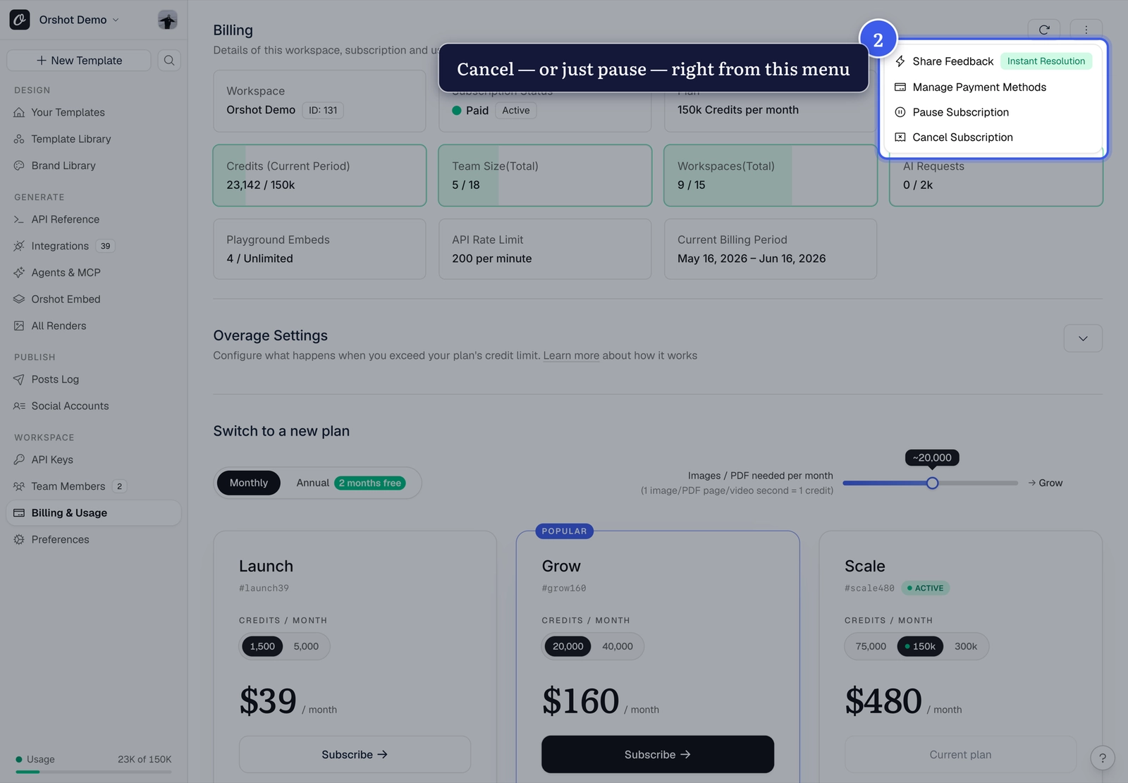 The billing menu with cancel and pause options