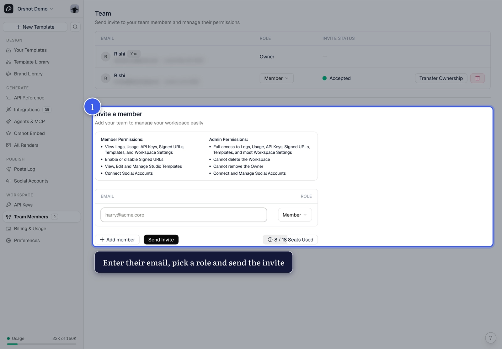 The invite form on the Team page
