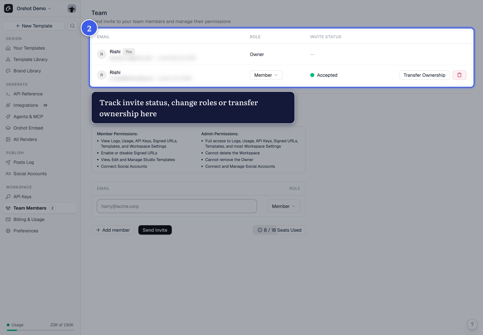 The members list with roles and invite status