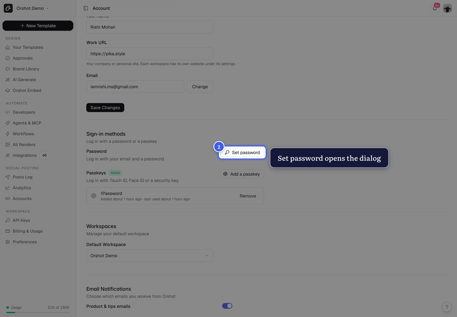 The Sign-in methods section on the Account page