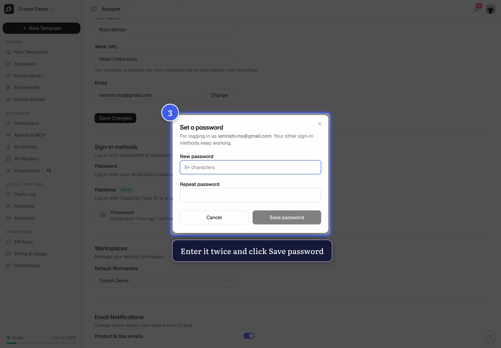 The Set a password dialog