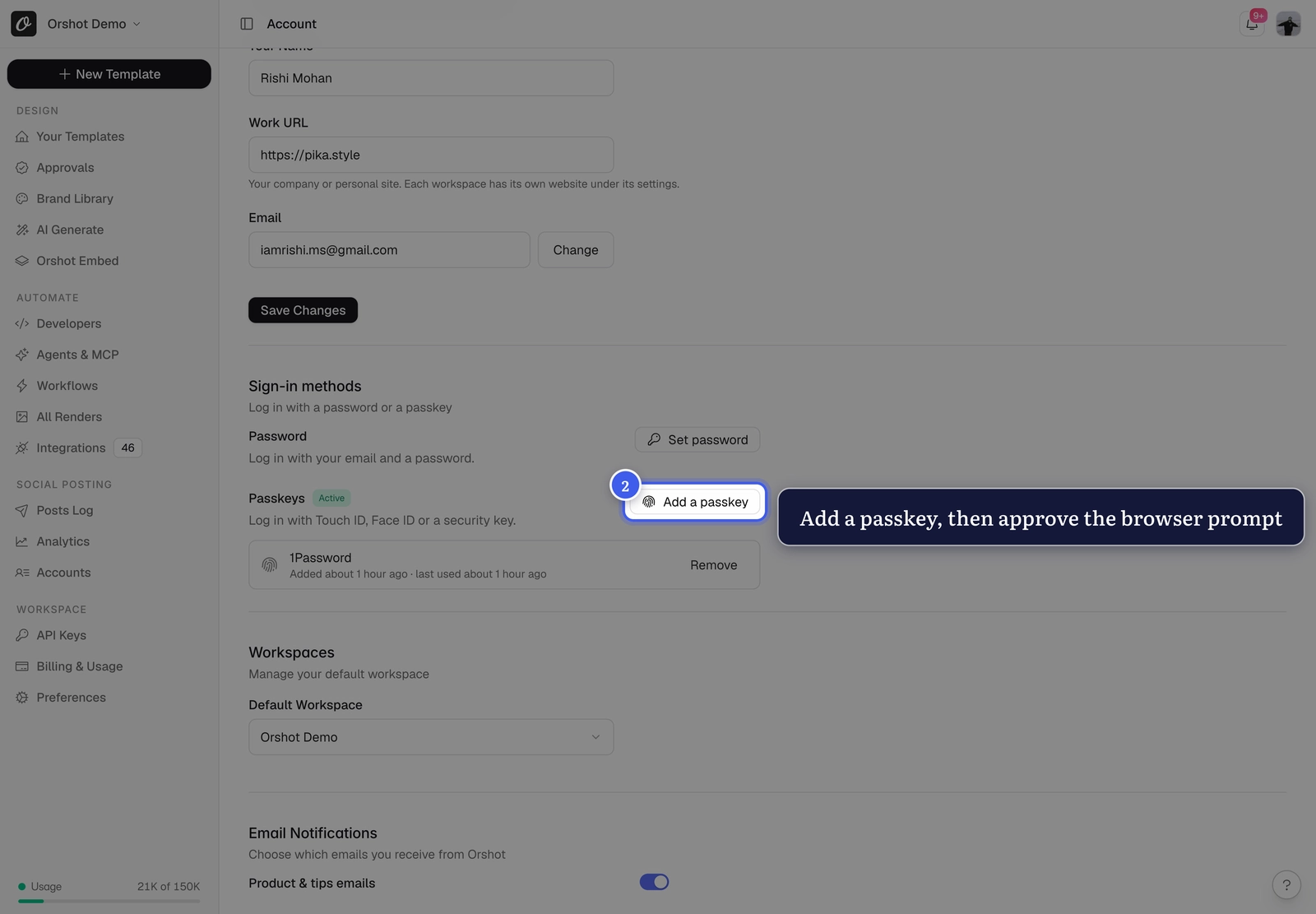 Add a passkey under Sign-in methods