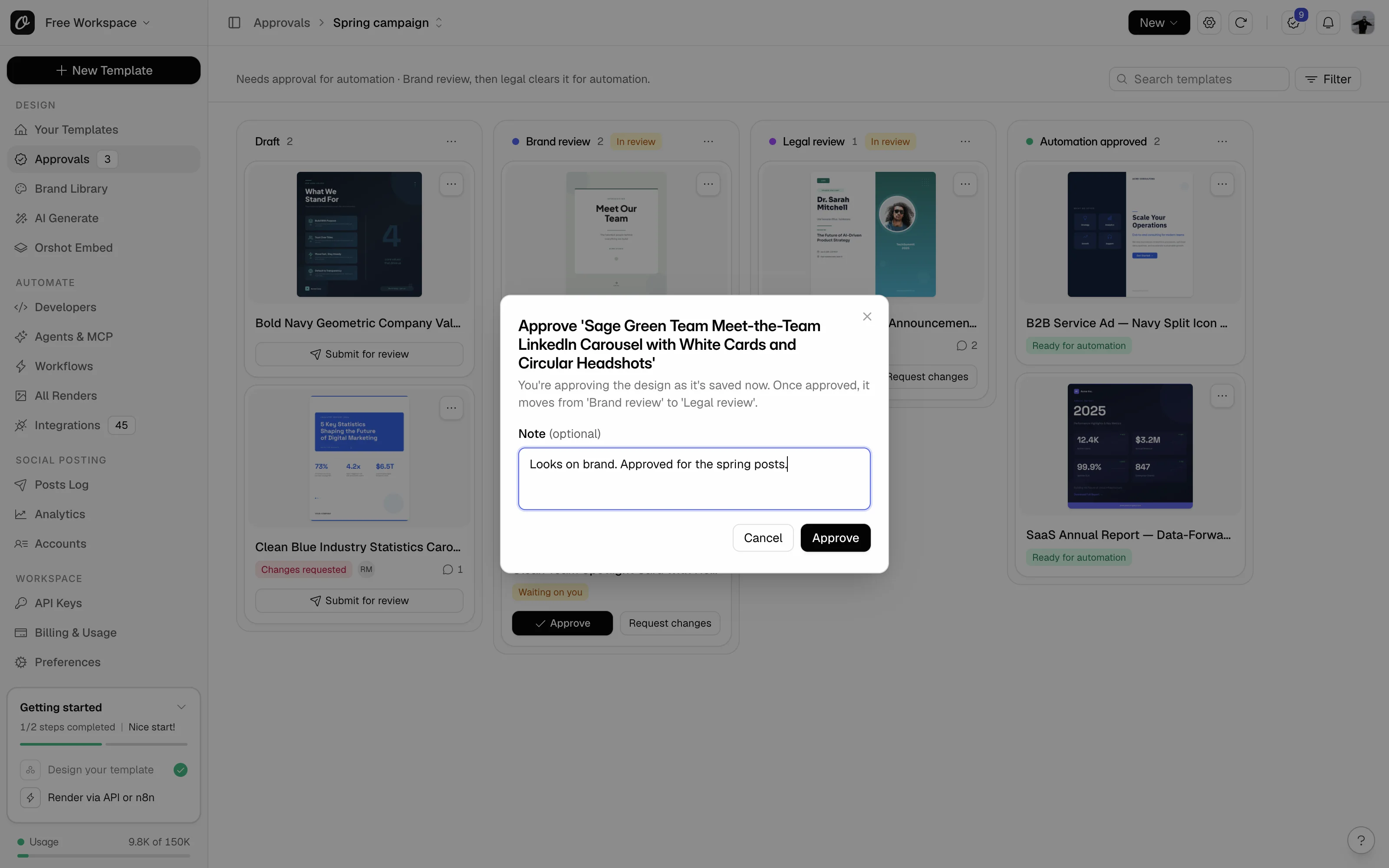 The Approve dialog for a template in 'Brand review', saying it moves to 'Legal review' once approved, with an optional note