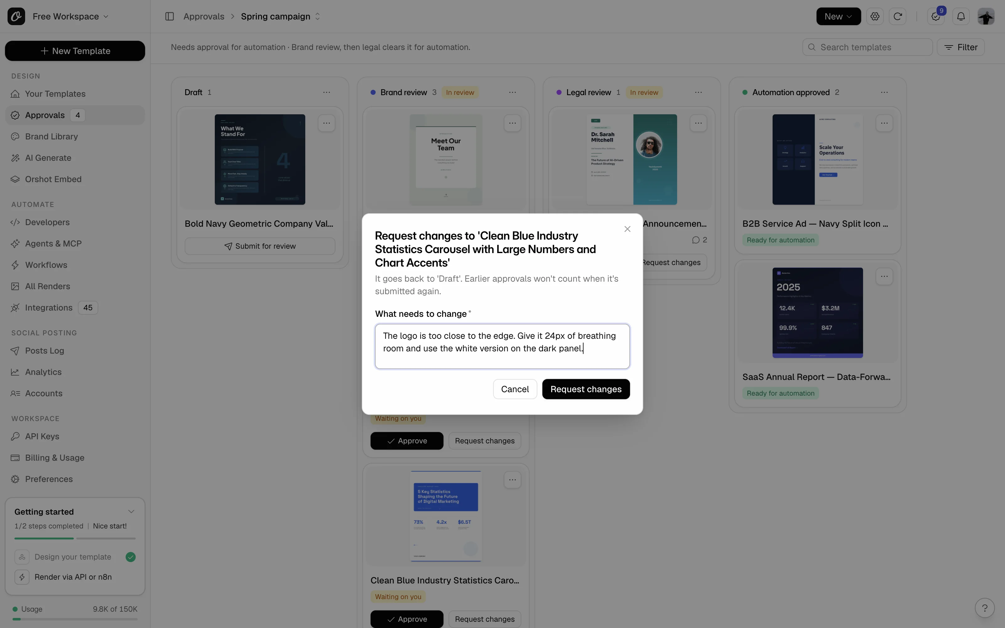 The Request changes dialog with a comment about the logo, saying the template goes back to 'Draft'