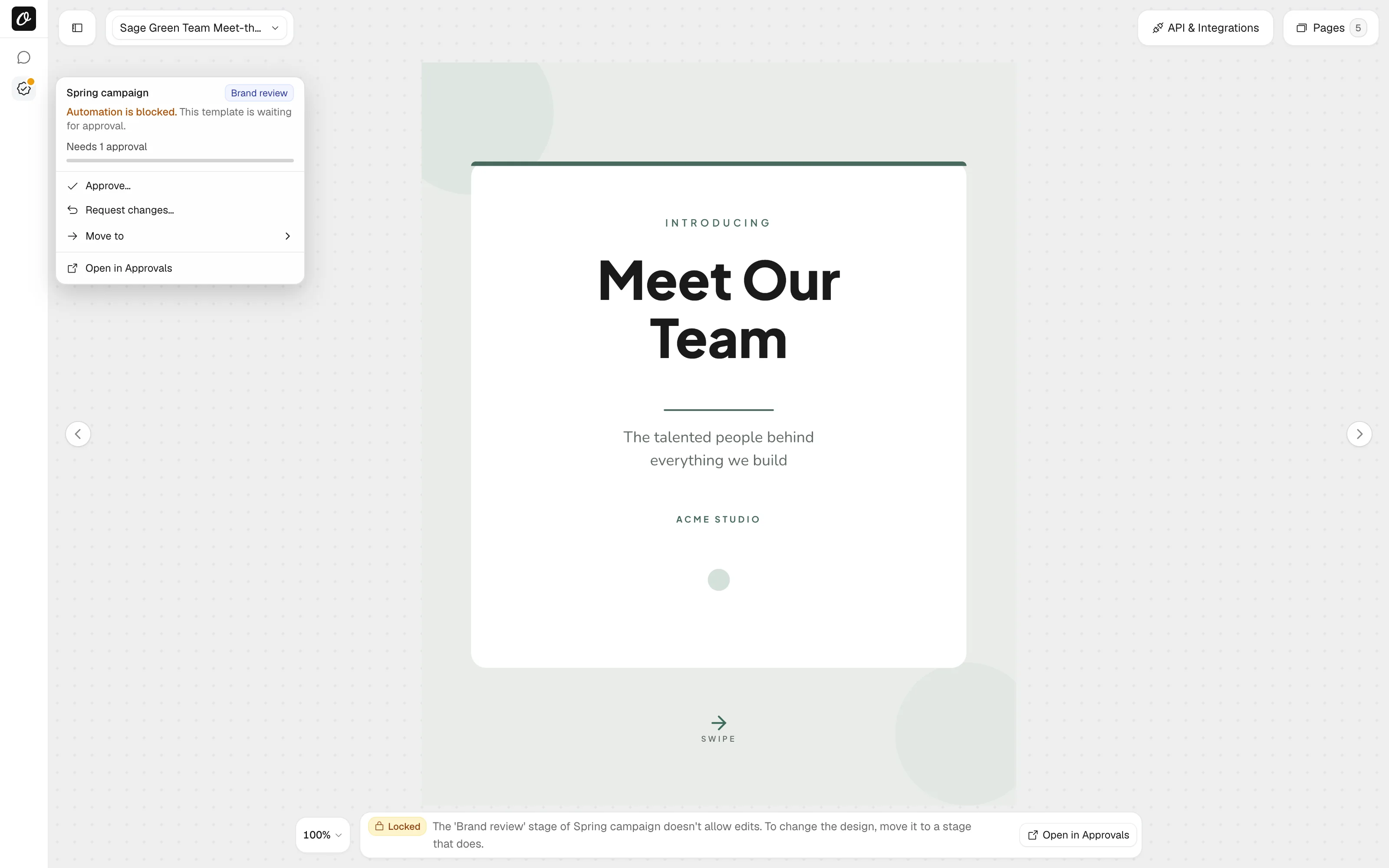 The Approvals menu in the studio for a template in 'Brand review': Automation is blocked, Approve, Request changes, Move to and Open in Approvals