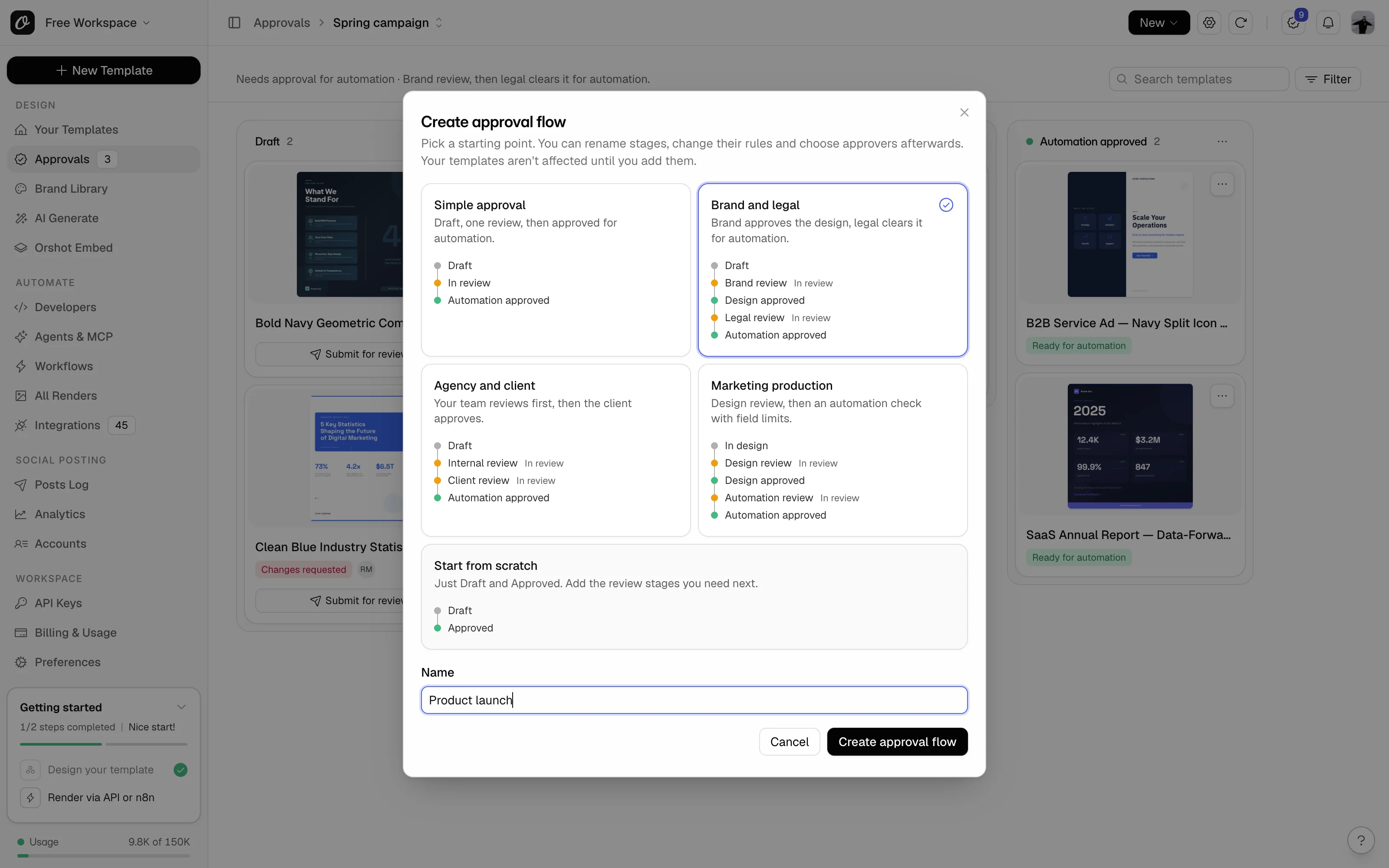 The Create approval flow dialog with Brand and legal picked, next to Simple approval, Agency and client, Marketing production and Start from scratch