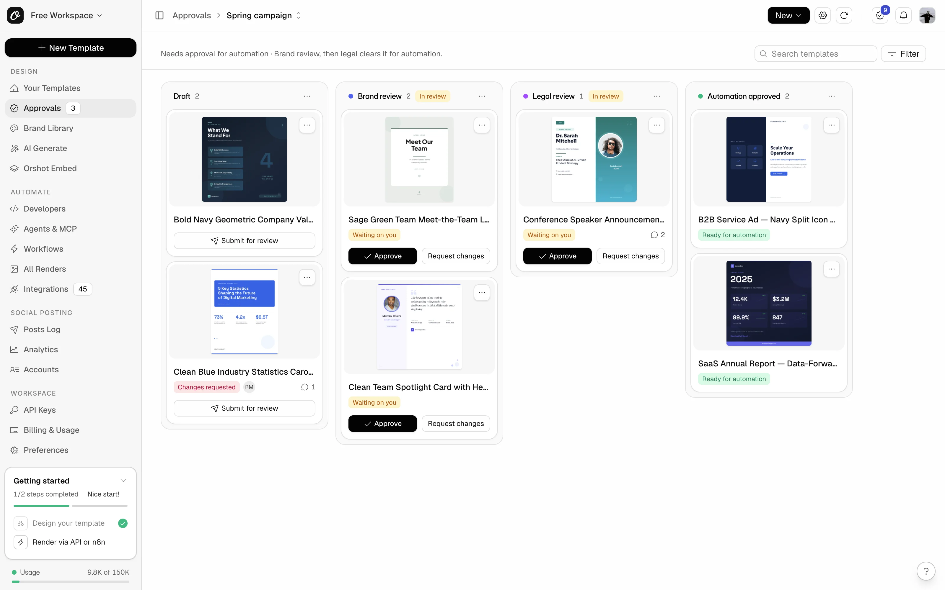 An Approvals board with a column per stage: Draft, Brand review, Legal review and Automation approved