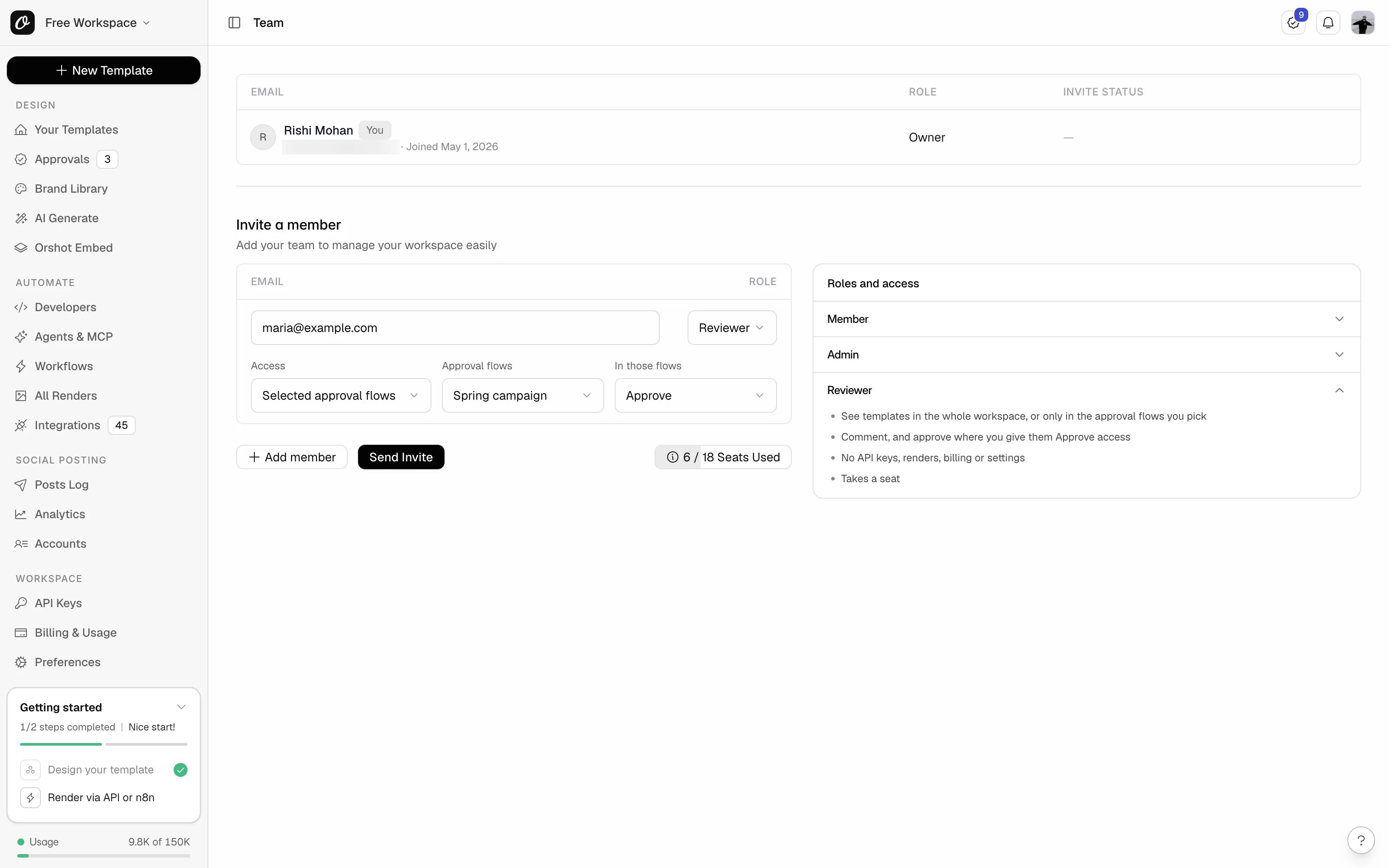 The Invite a member form with the Reviewer role, Selected approval flows, Spring campaign picked and Approve in those flows, next to Roles and access