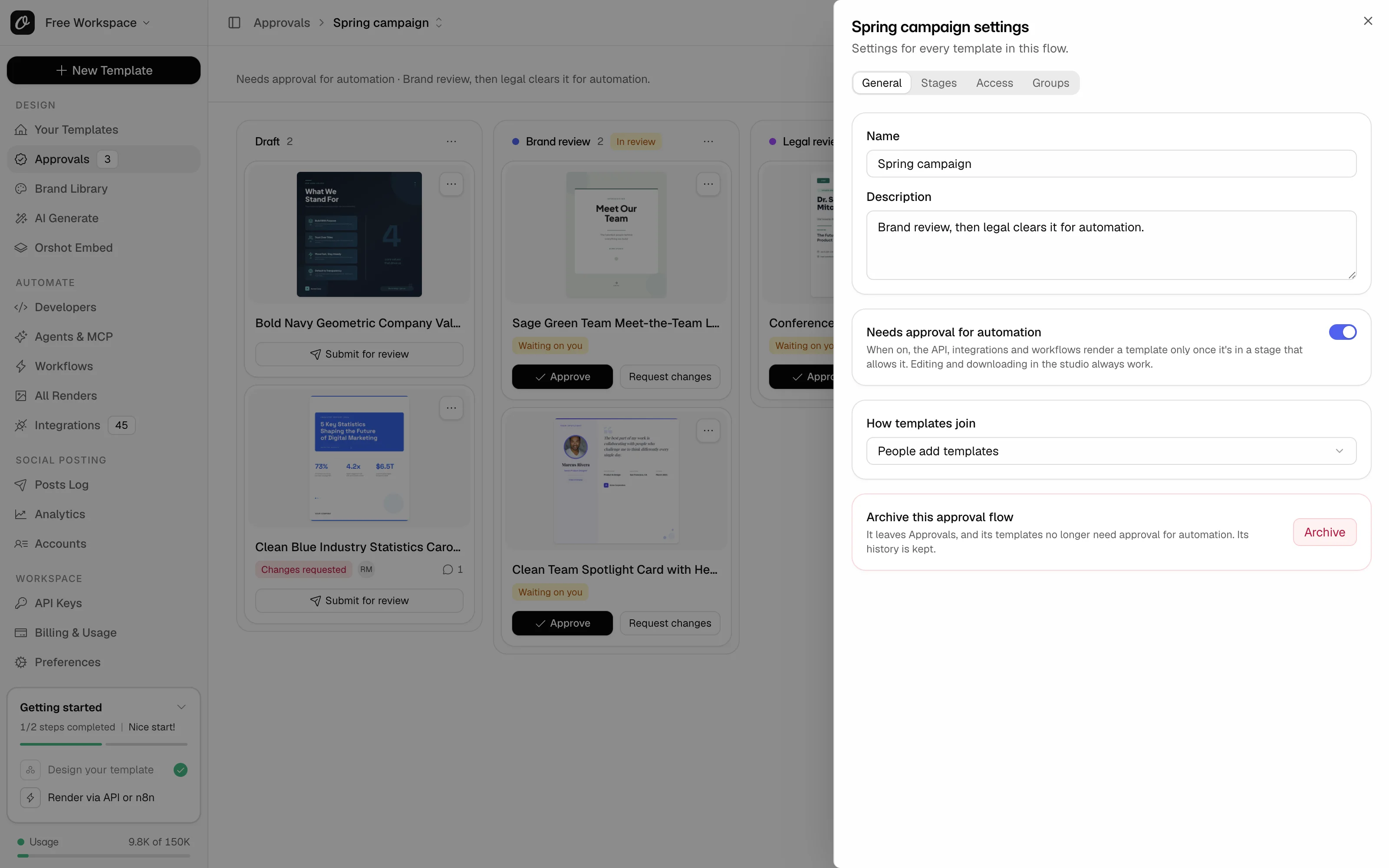 The General tab of a flow's settings with Needs approval for automation switched on