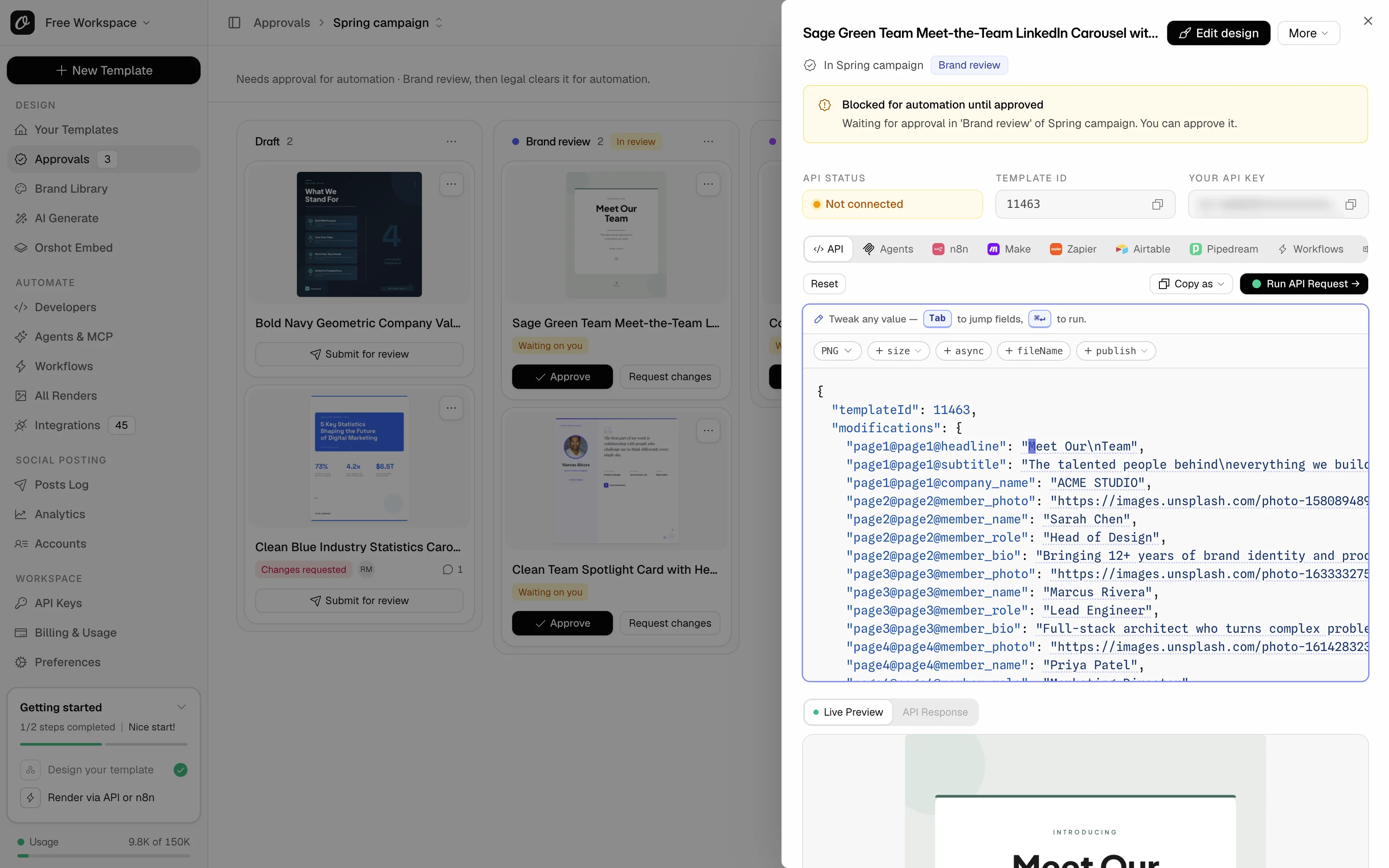 A template's Connect sheet with the notice Blocked for automation until approved, waiting in 'Brand review'