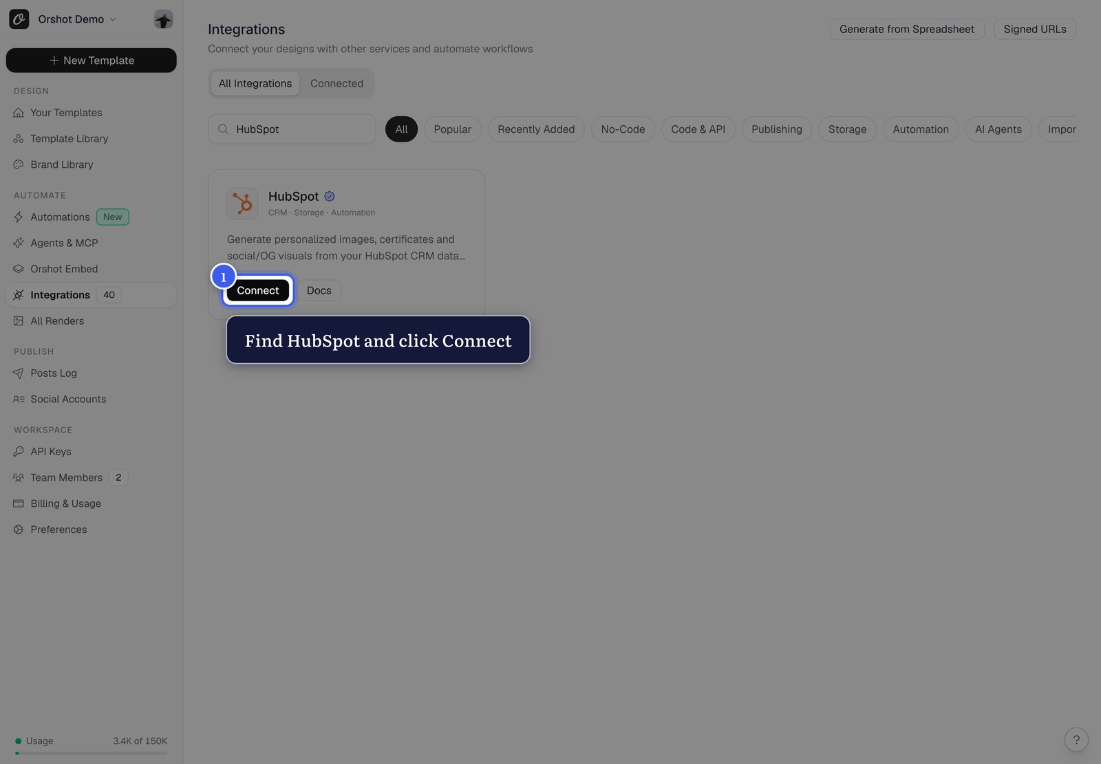 The HubSpot card on the Orshot Integrations page with the Connect button