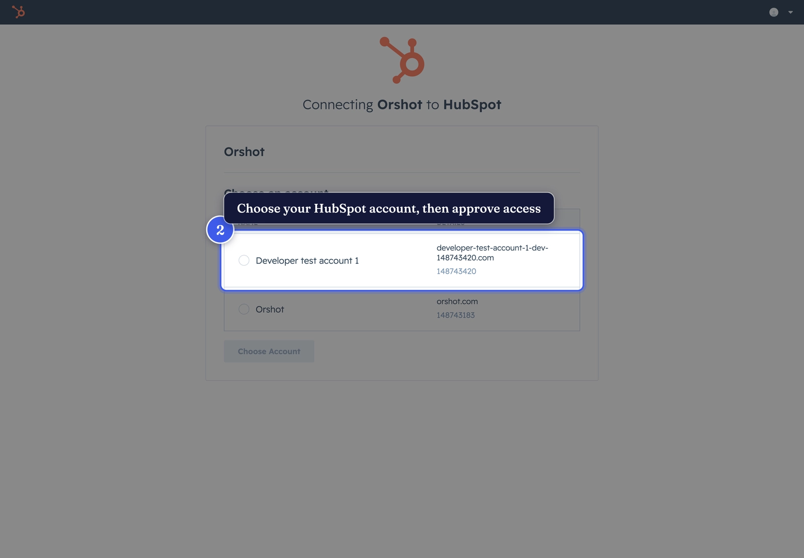 The HubSpot authorization screen — choose your account and approve access
