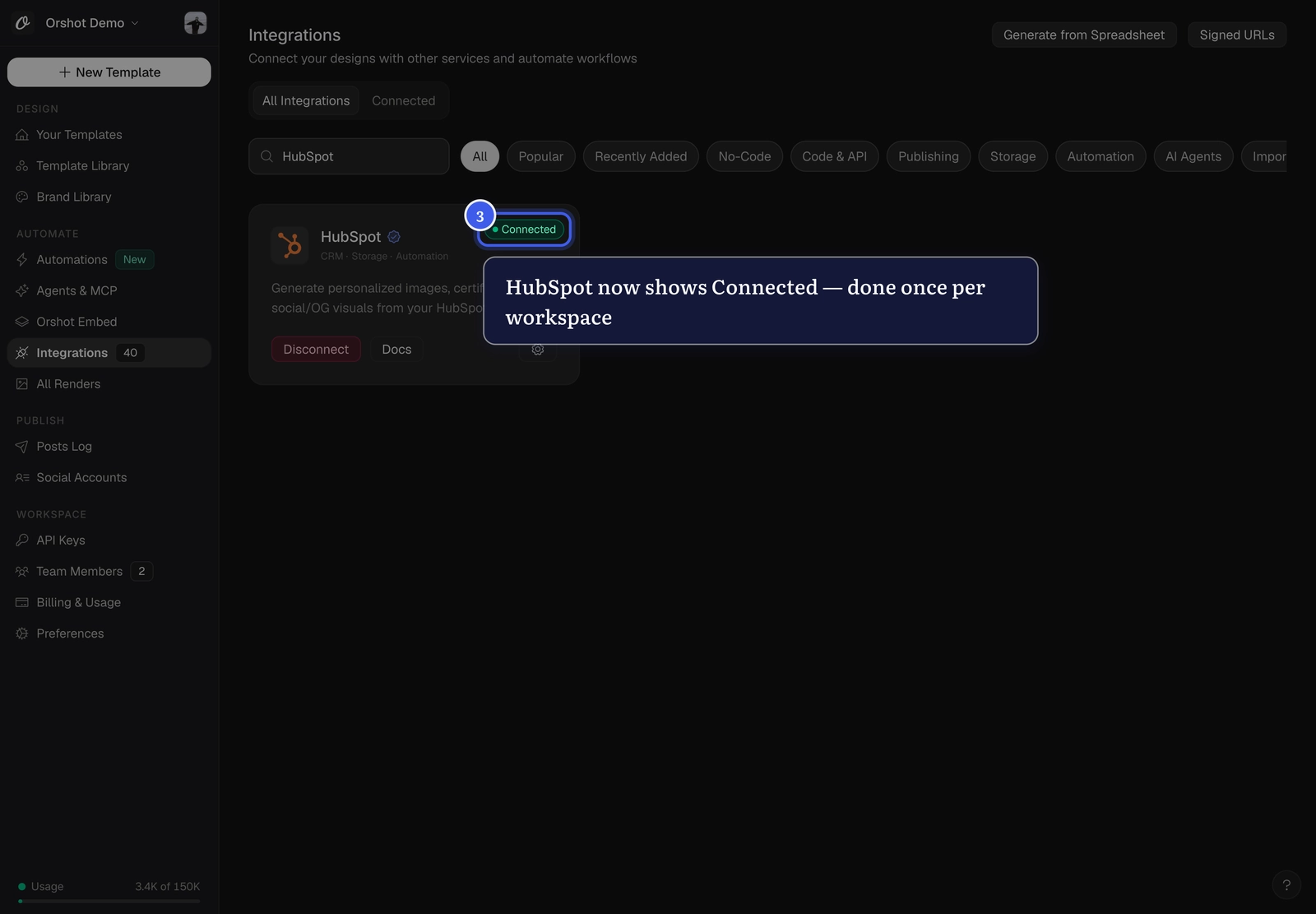 The HubSpot card showing a Connected status in Orshot