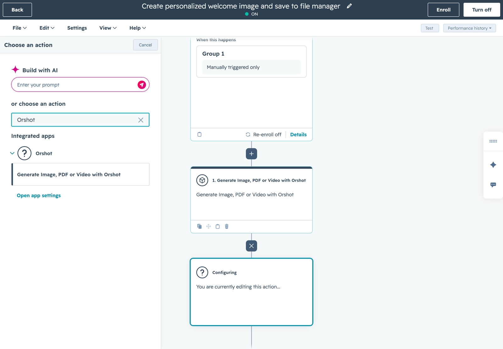 The HubSpot workflow action picker showing the Orshot action