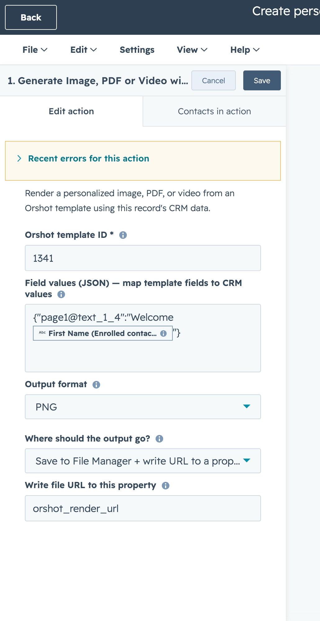 The Orshot workflow action's fields — template ID, field values, output format, and destination