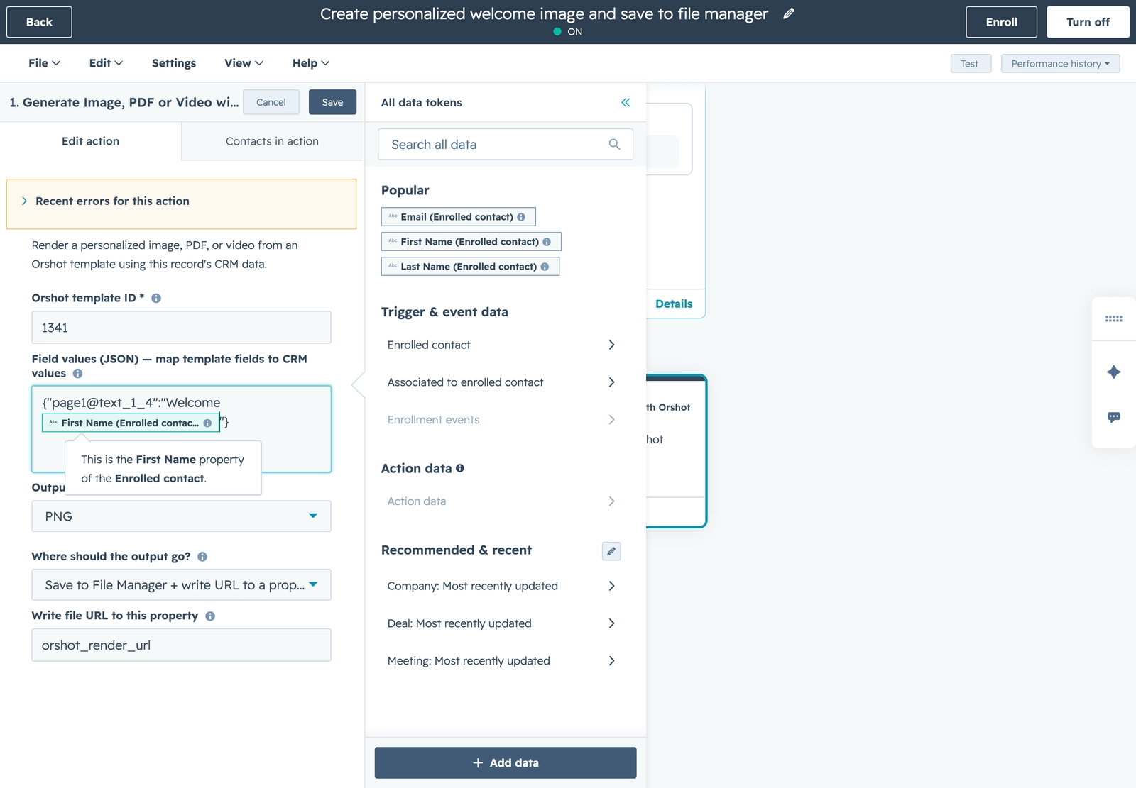 Inserting a HubSpot First name personalization token into a field value