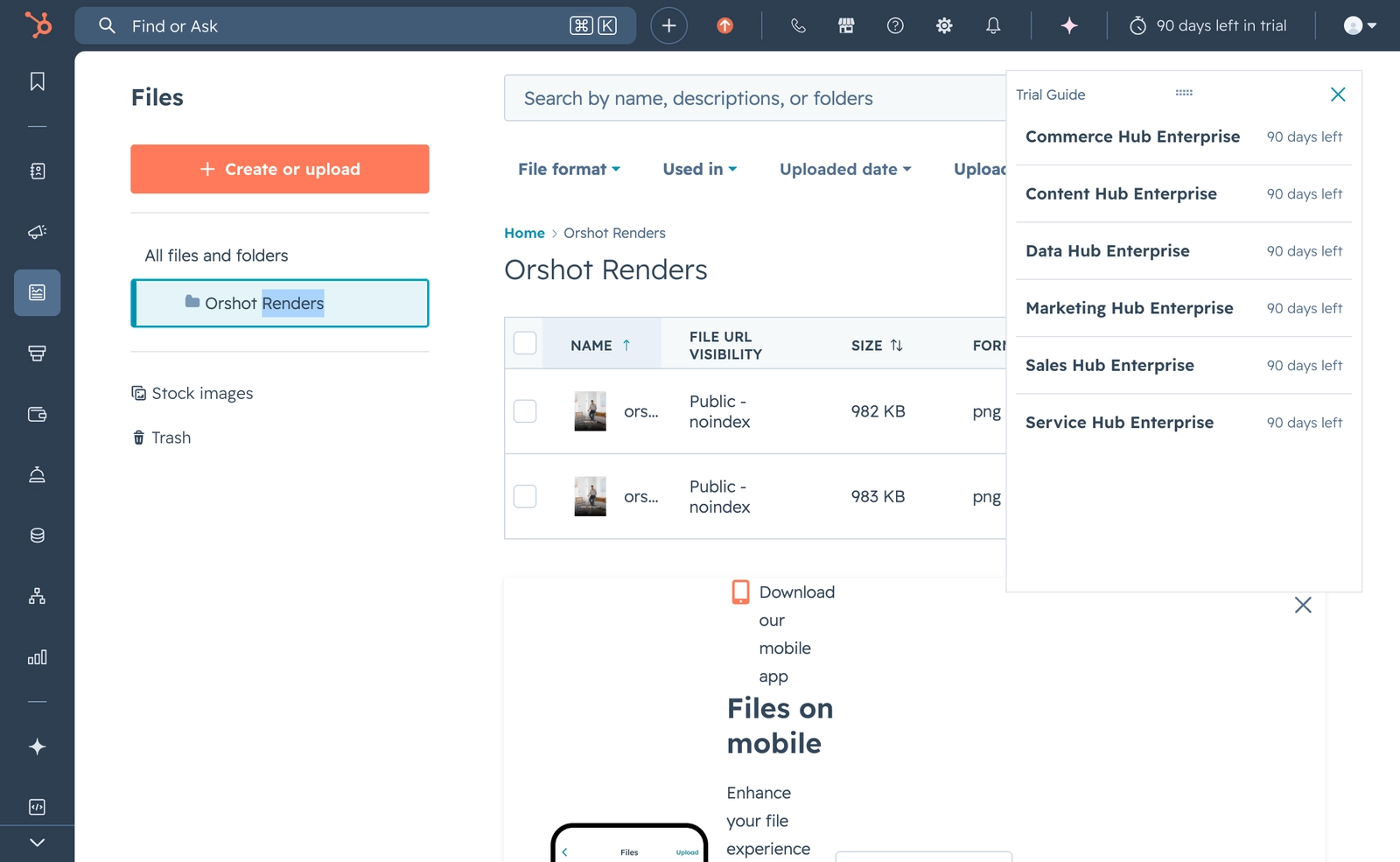 The rendered files saved to your HubSpot File Manager in the Orshot Renders folder