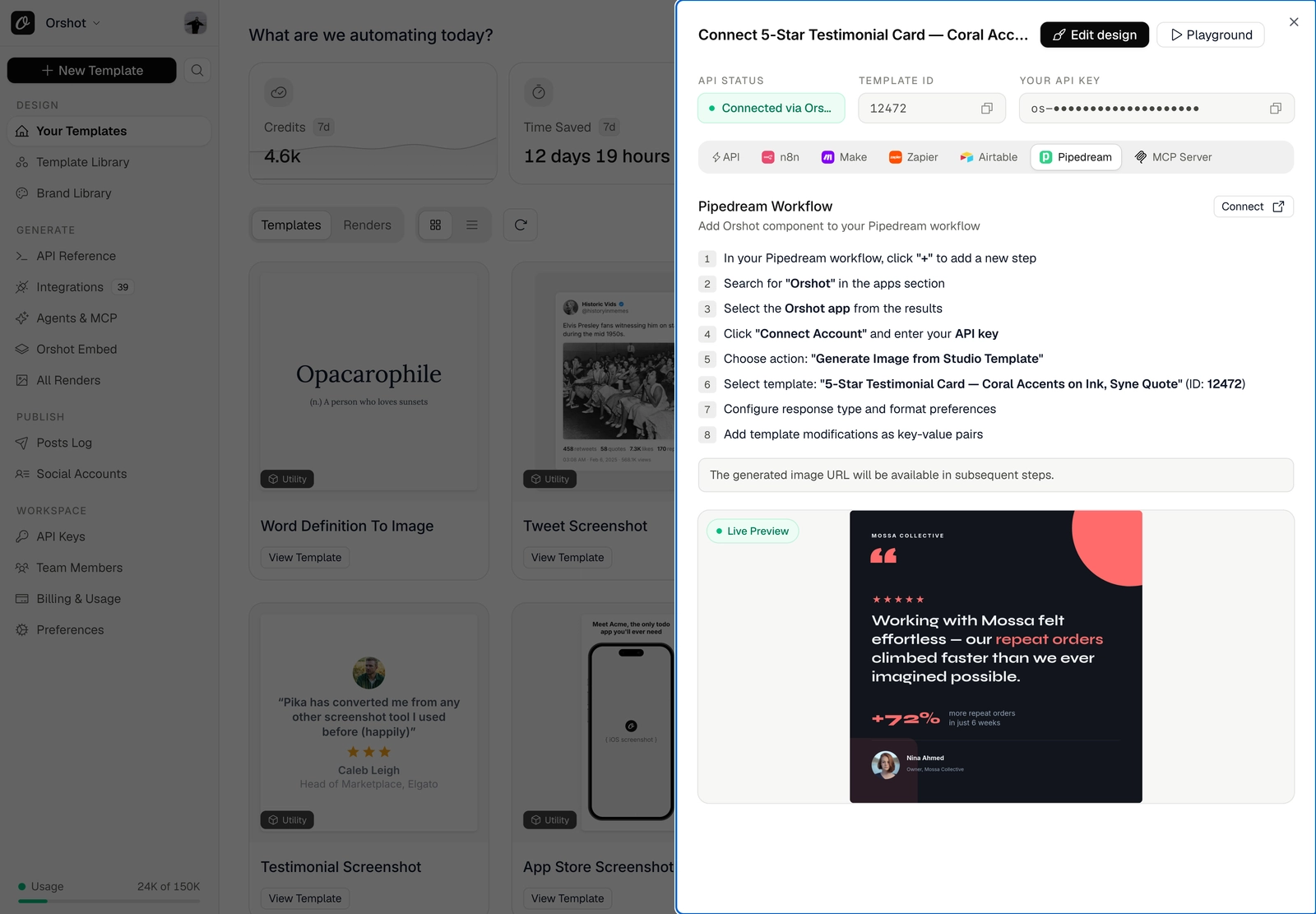 The Quick Connect sheet on the Pipedream tab, with the step-by-step