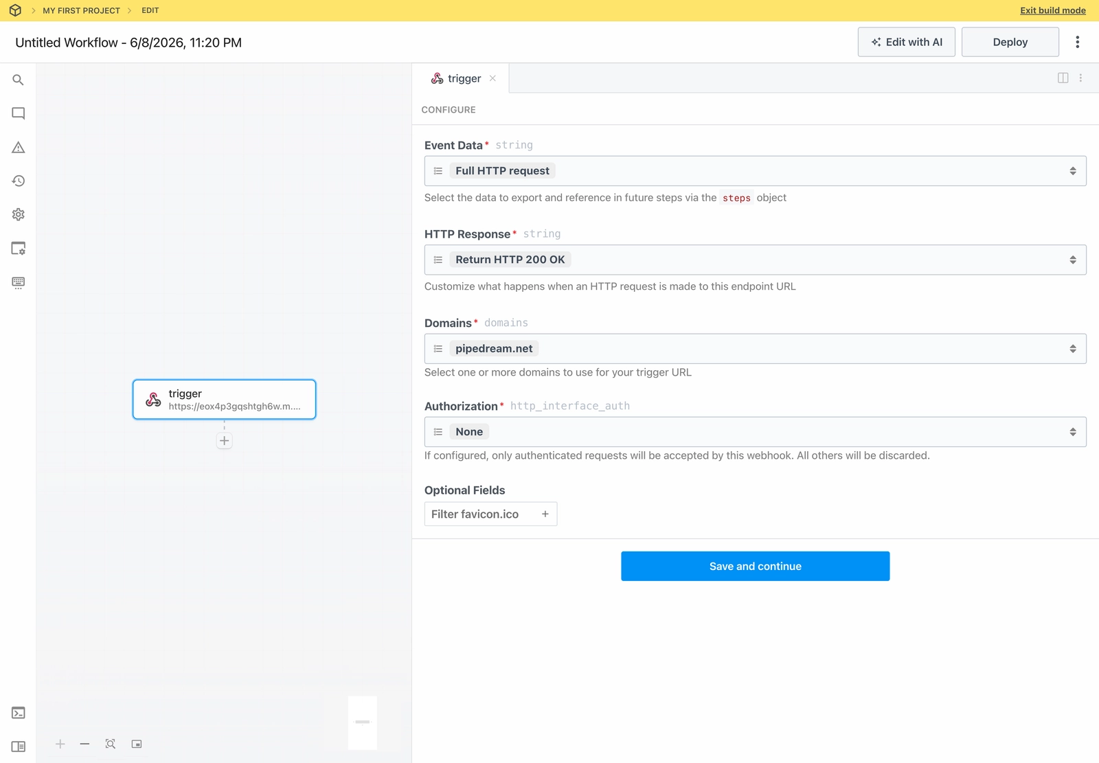 The Pipedream workflow editor with a trigger and the + to add the next step