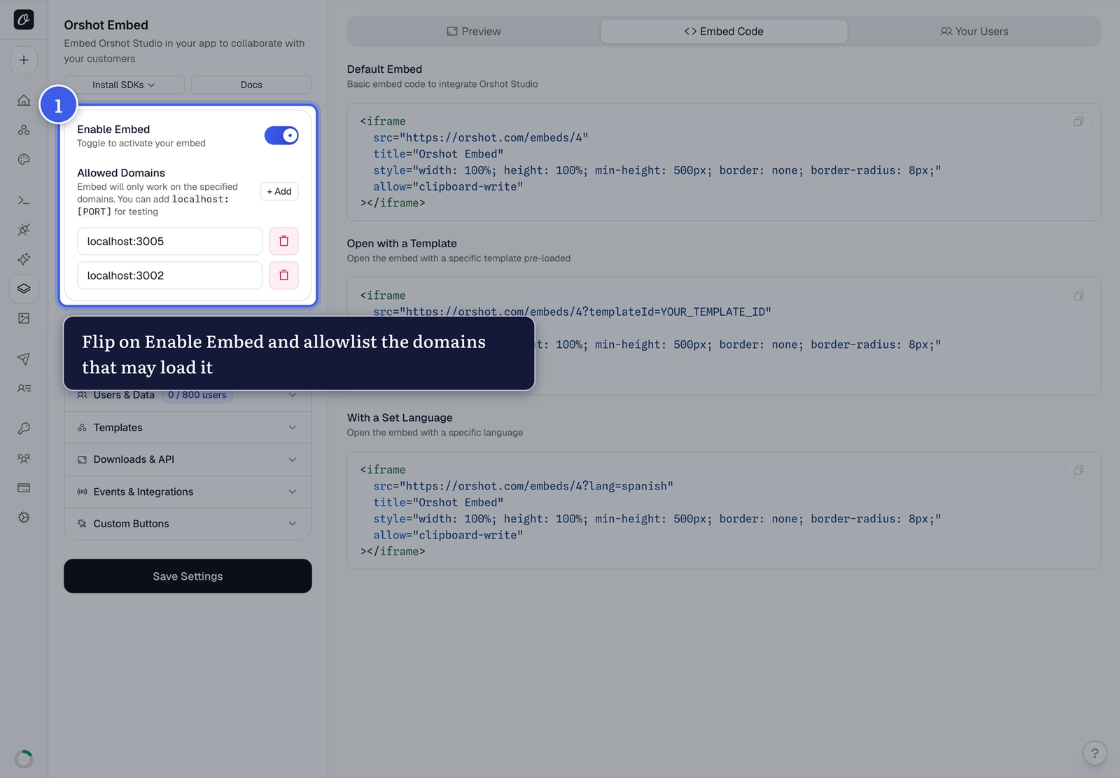 Enable Embed and Allowed Domains settings