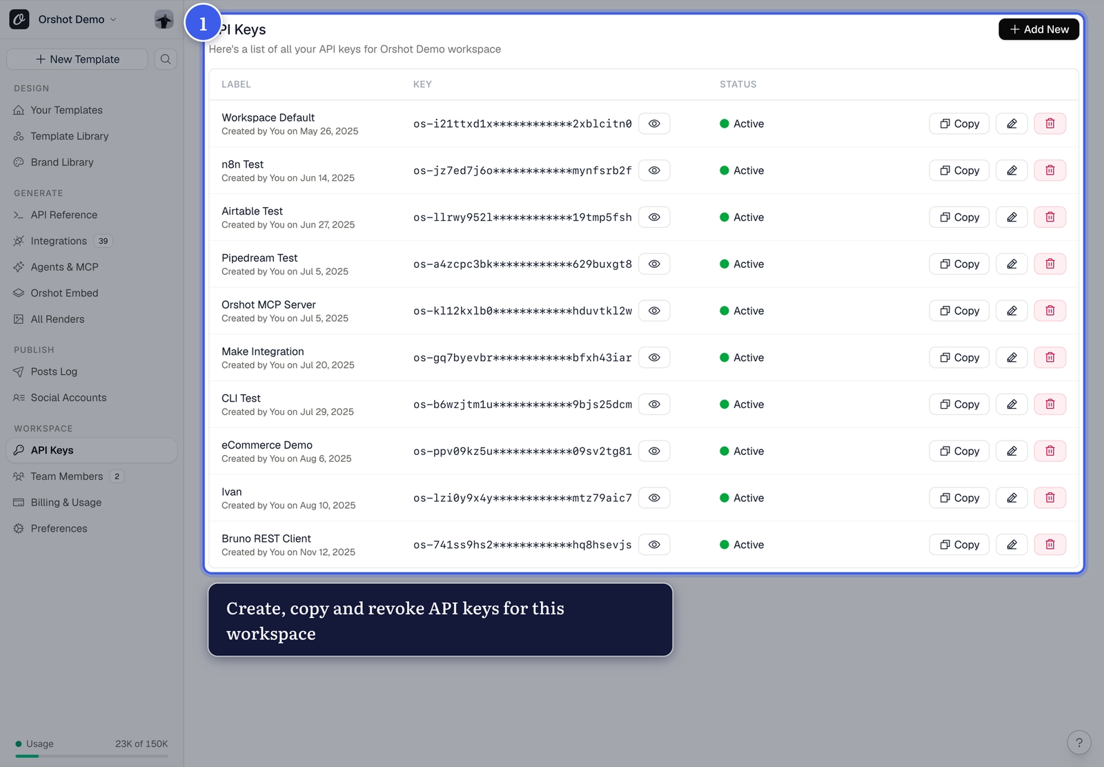 The API Keys page