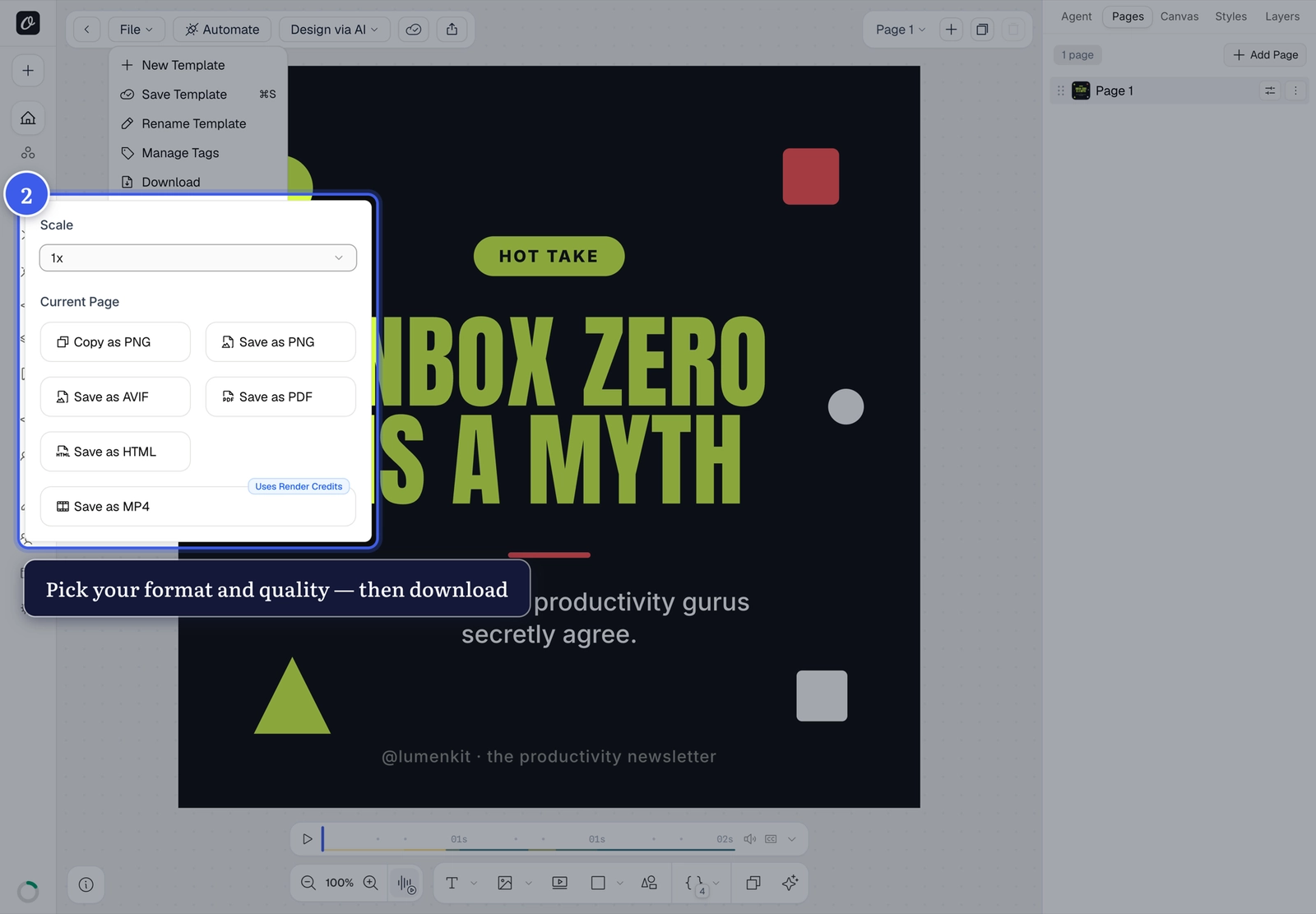 The download options popover with all export formats