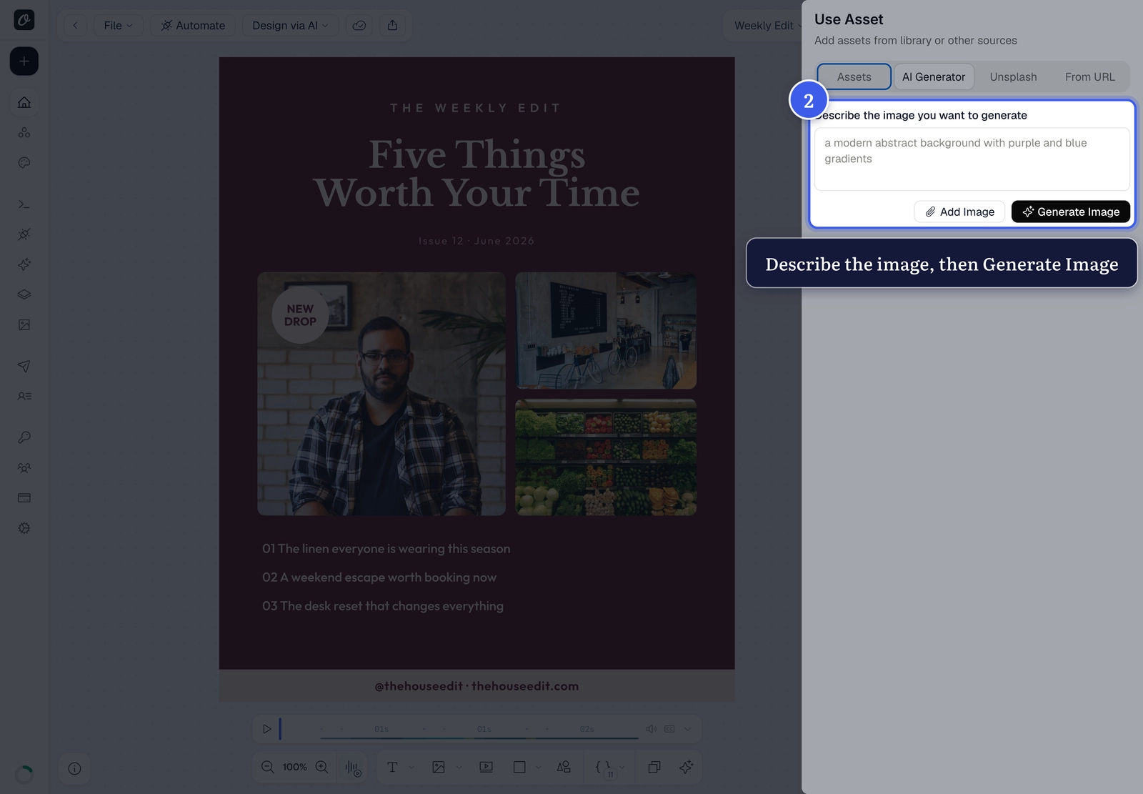 The AI Generator prompt field and Generate Image button
