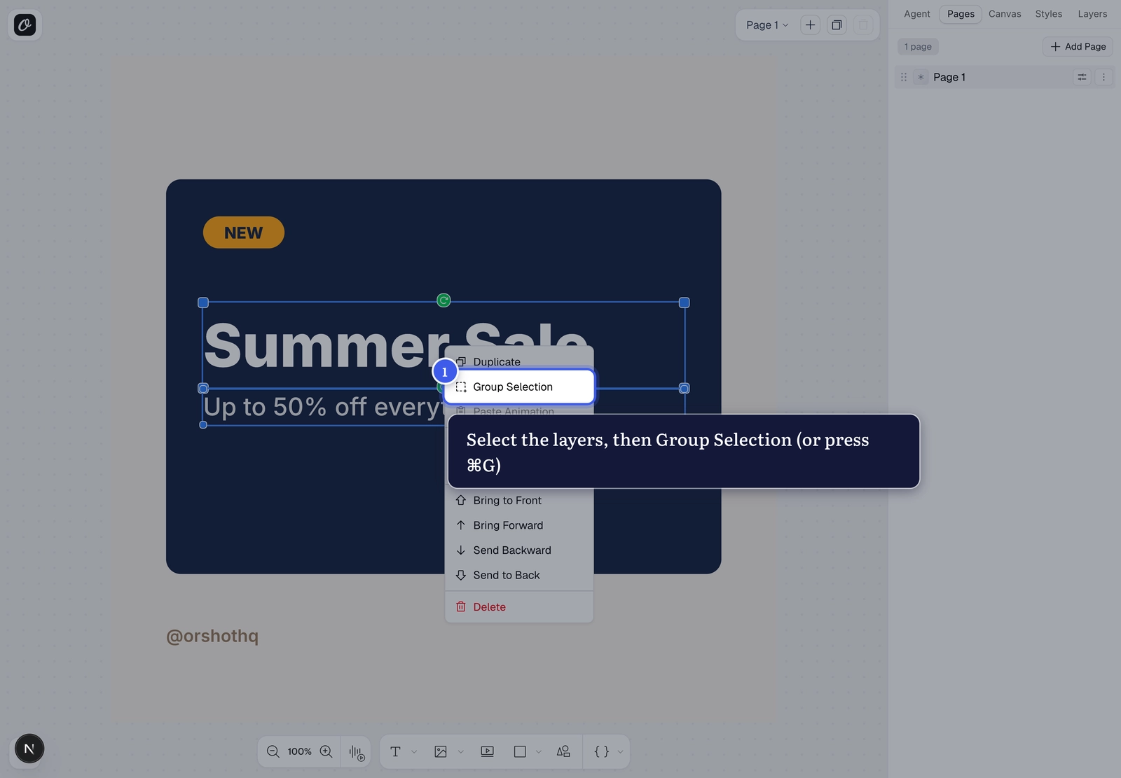 Right-click menu with the Group Selection action on two selected layers