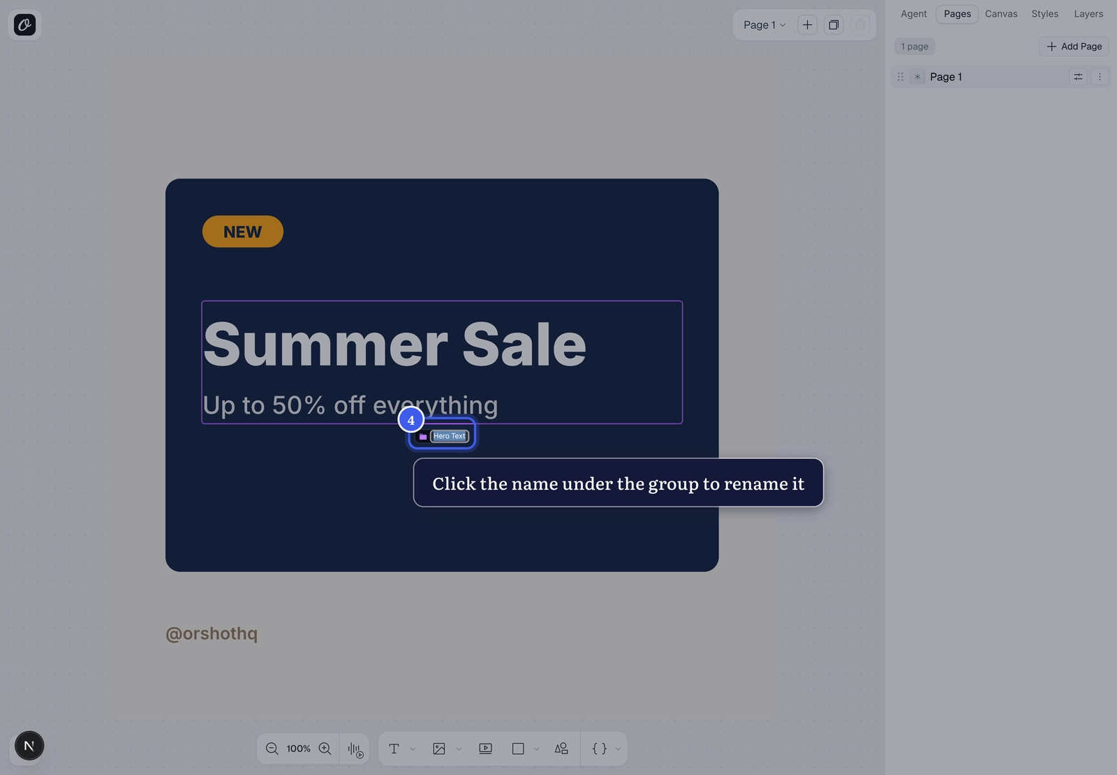 Renaming a group inline from the name pill under the selection