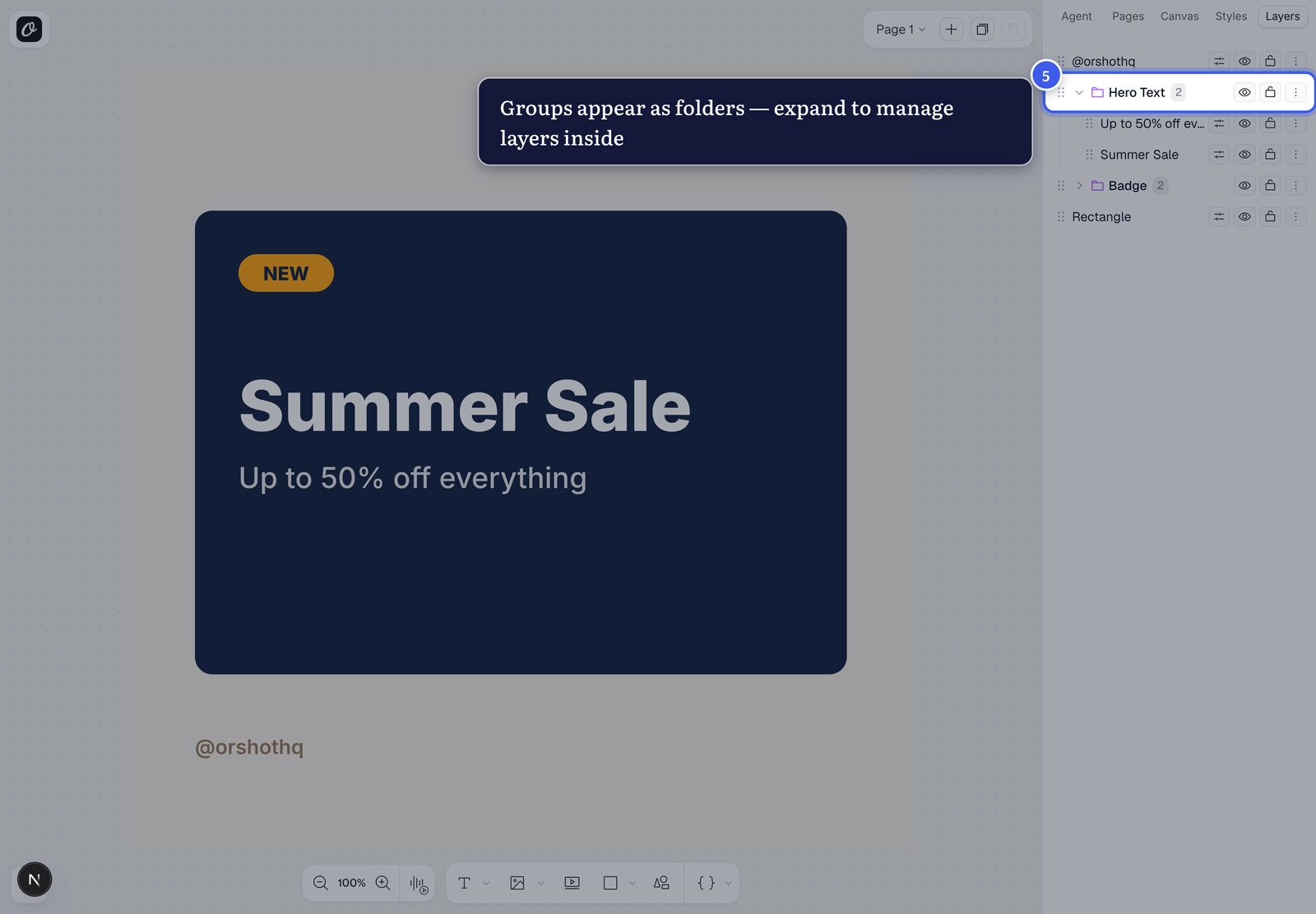 The Layers panel showing groups as expandable folders