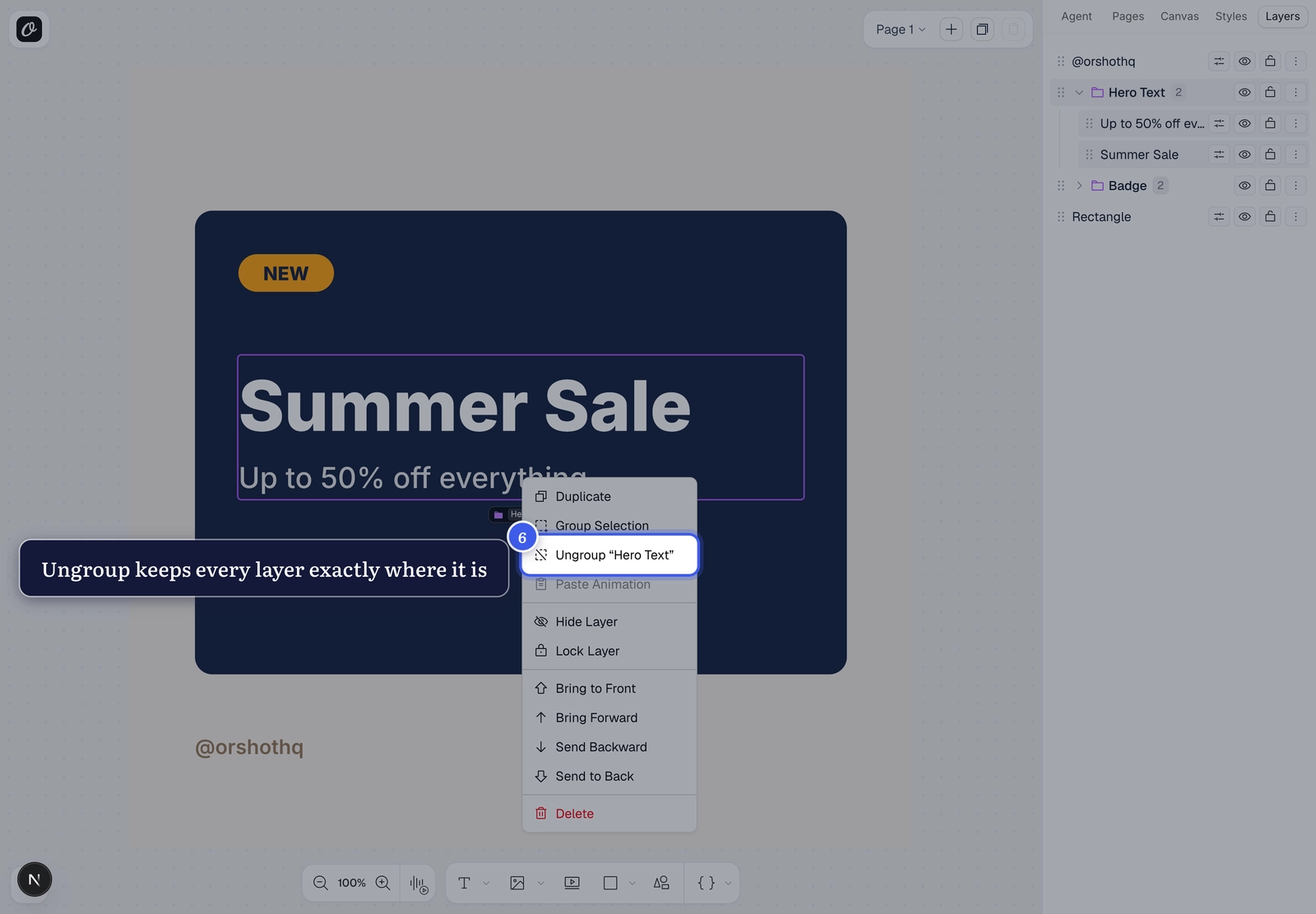 The Ungroup action in the right-click menu