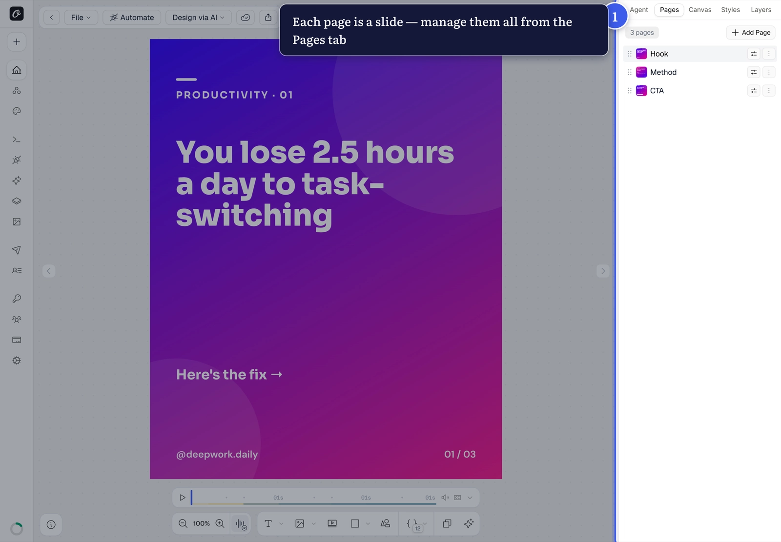 The Pages tab with named pages