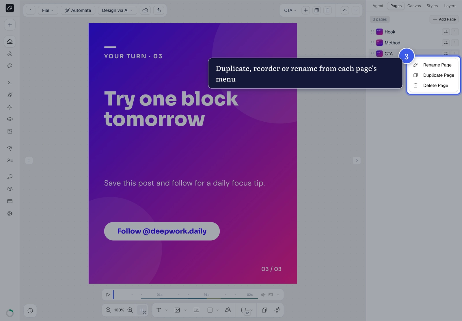 The per-page menu with rename, duplicate and delete