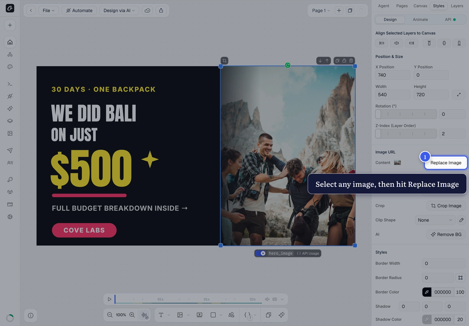 The Replace Image button for a selected image layer