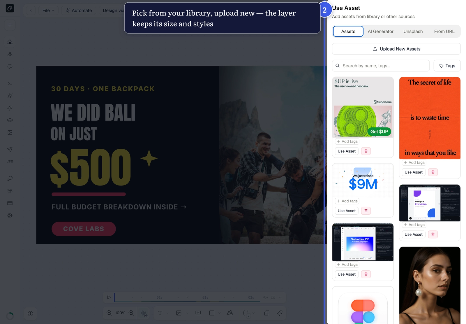 The Use Asset picker with all four sources