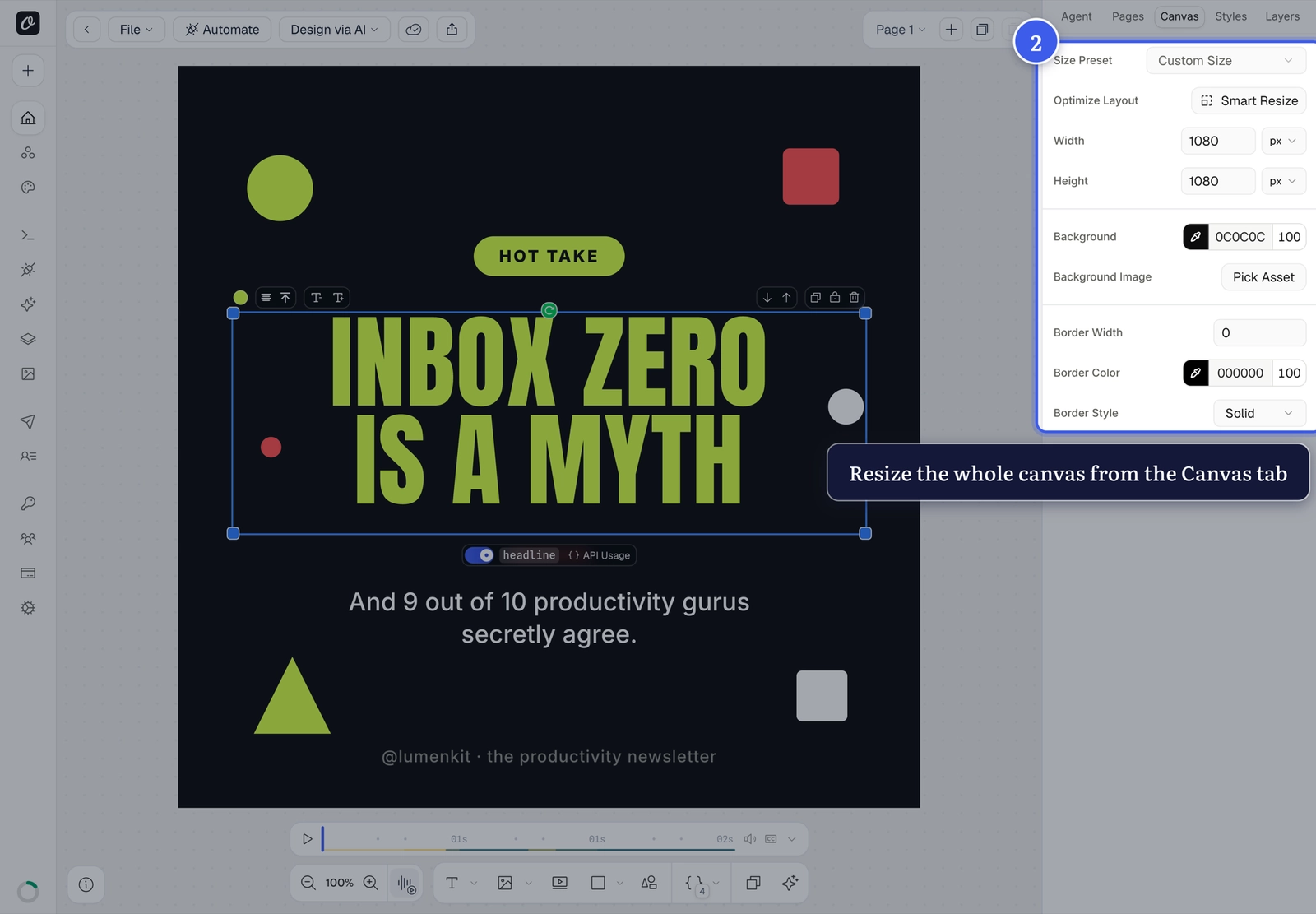 Canvas size controls in the Canvas tab