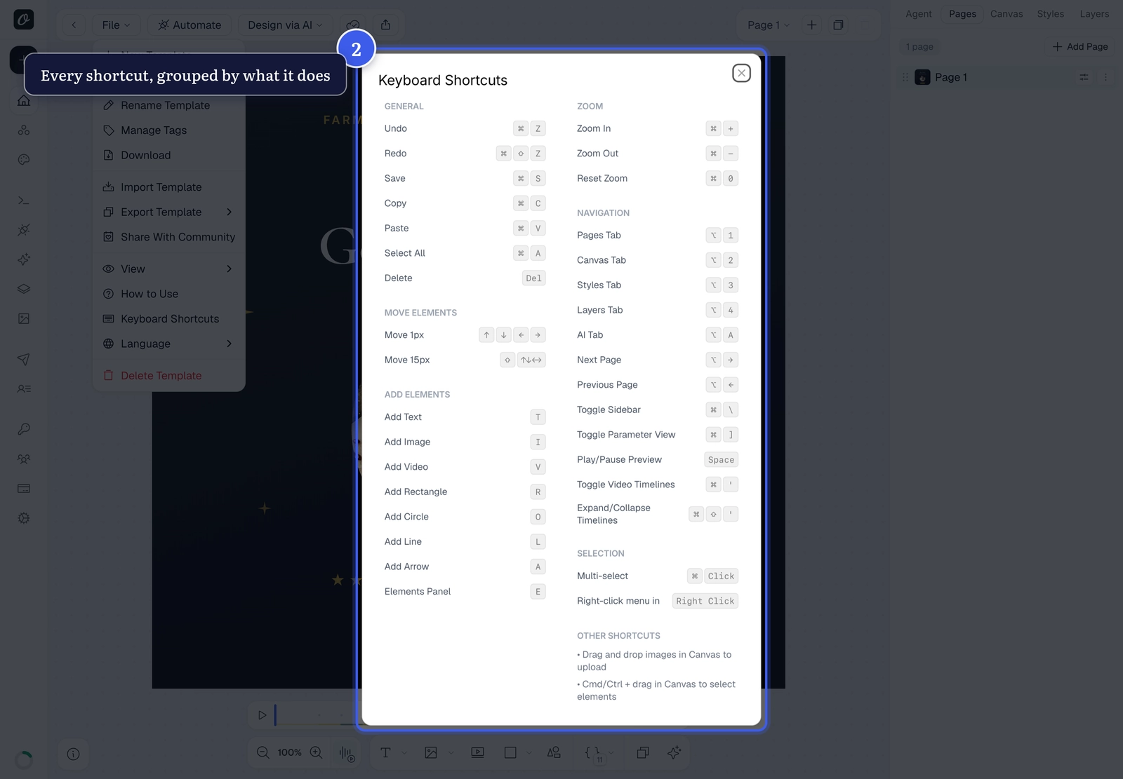 The Keyboard Shortcuts dialog listing every shortcut by group