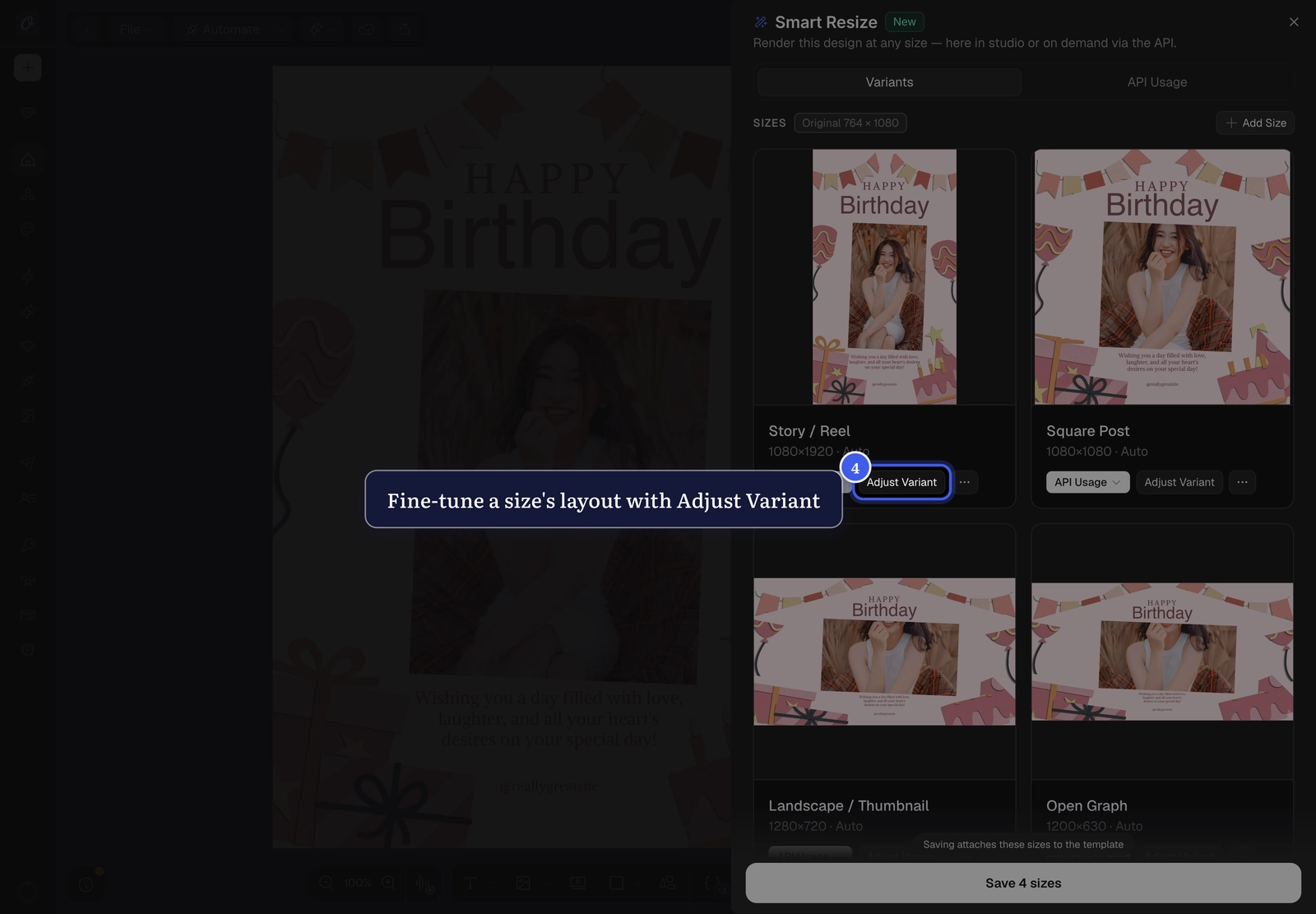 The Adjust Variant action on a size card